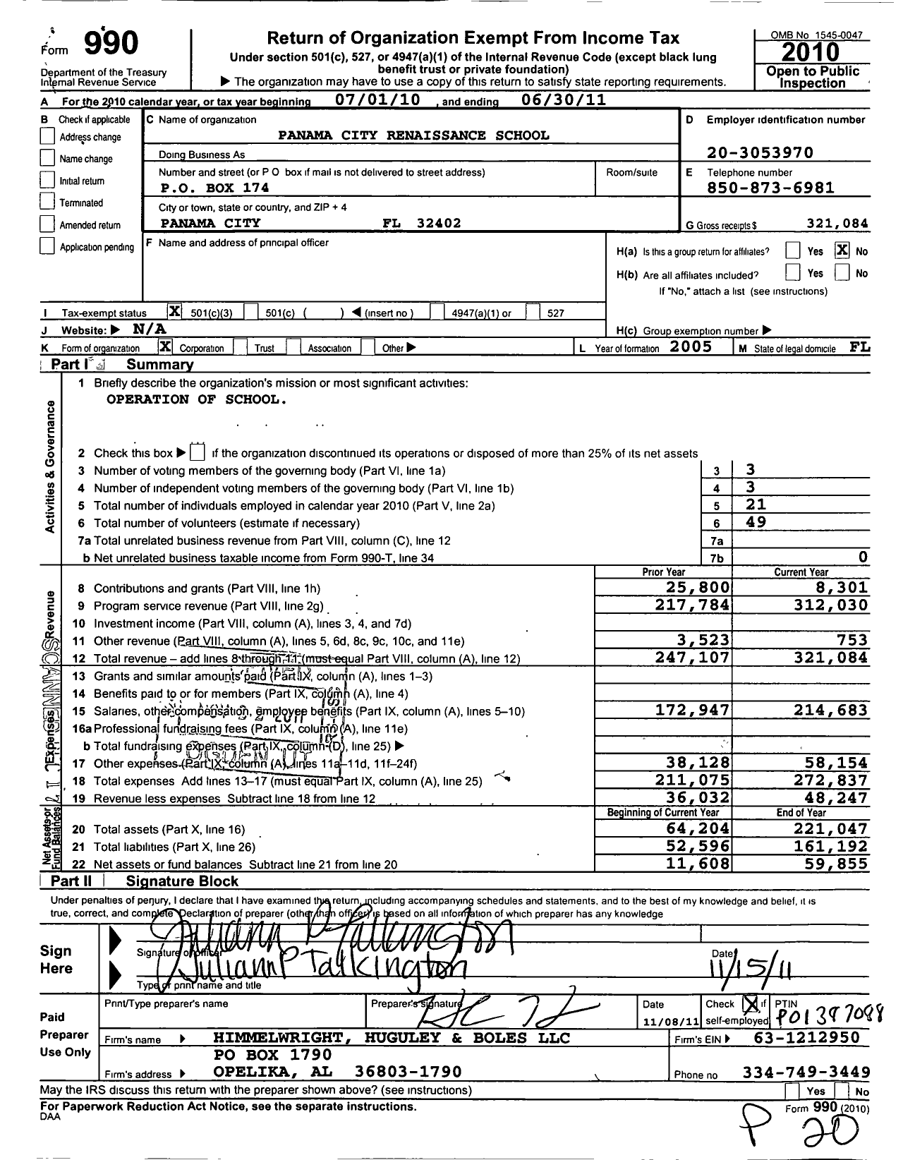 Image of first page of 2010 Form 990 for Panama City Renaissance School