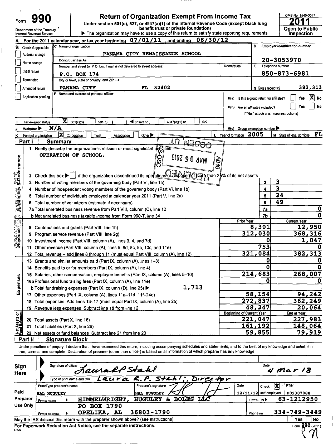 Image of first page of 2011 Form 990 for Panama City Renaissance School