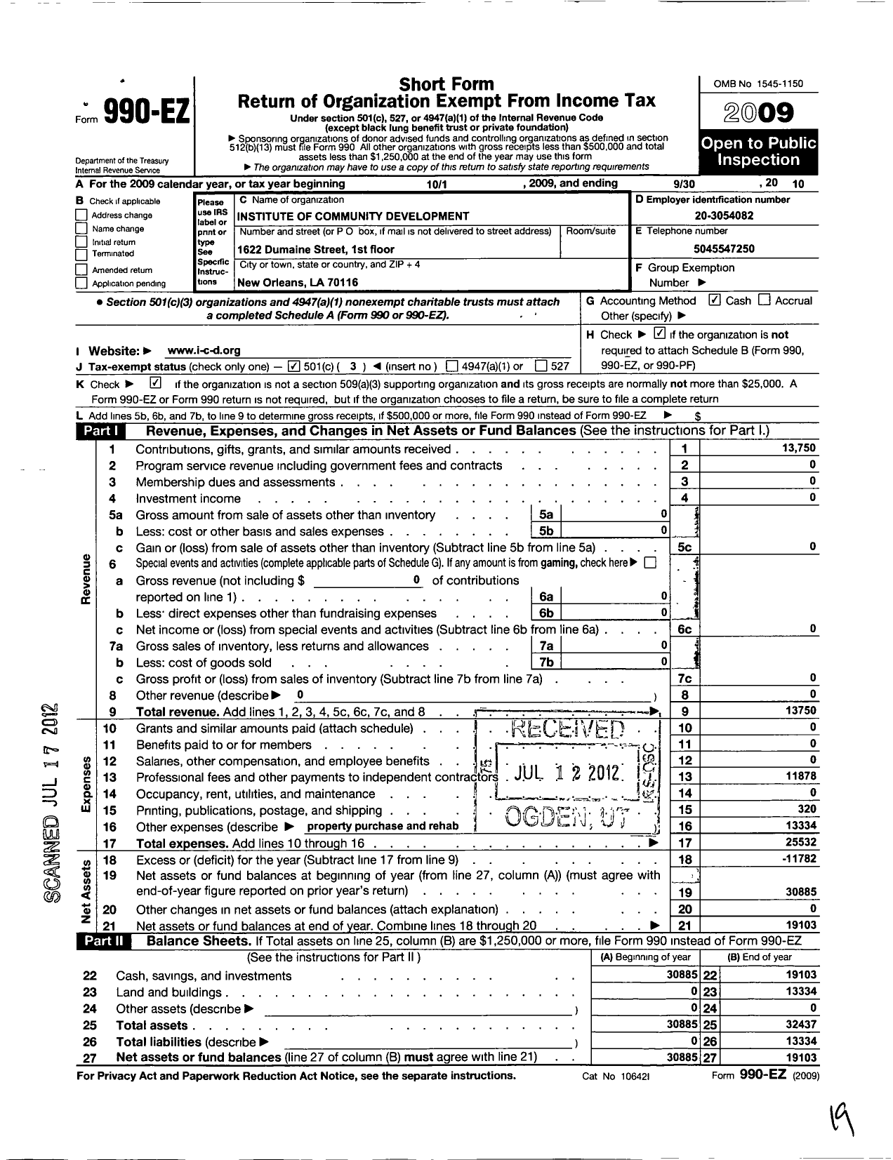 Image of first page of 2009 Form 990EZ for Institute of Community Development