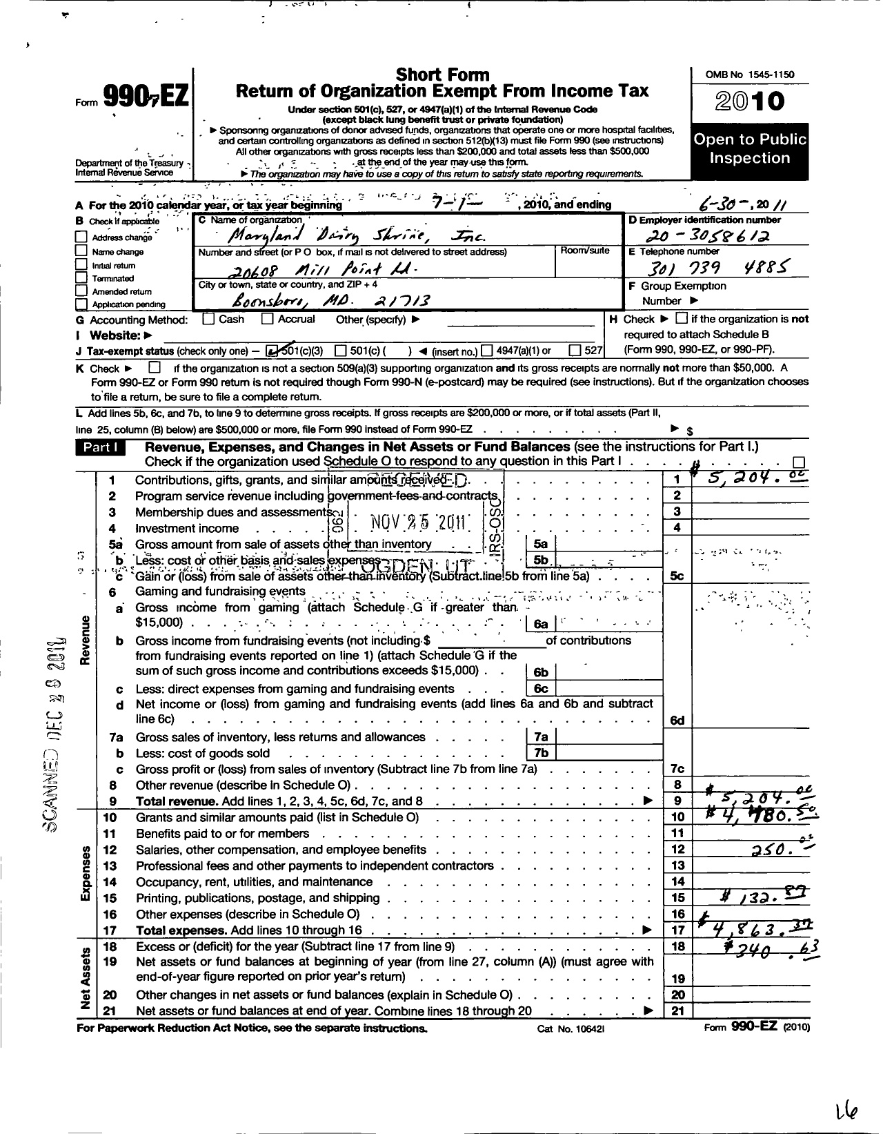 Image of first page of 2010 Form 990EZ for Maryland Dairy Shrine