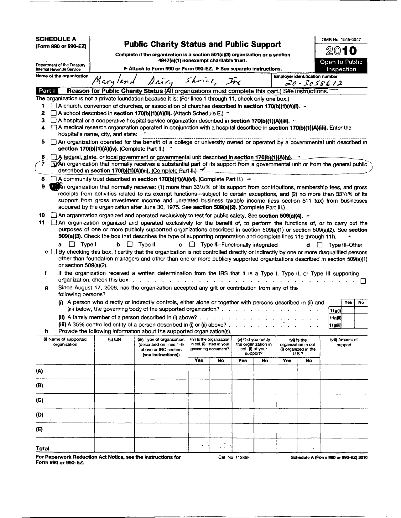 Image of first page of 2010 Form 990ER for Maryland Dairy Shrine