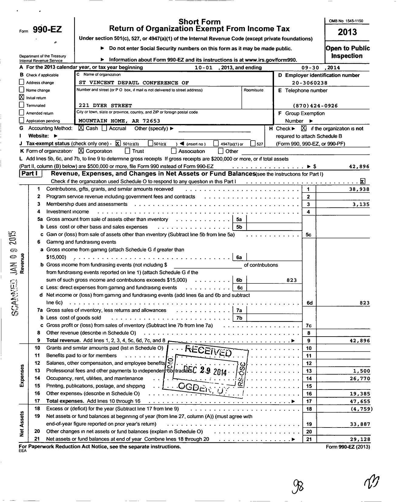 Image of first page of 2013 Form 990EZ for St Vincent de Paul Conference of St Peter the Fisherman