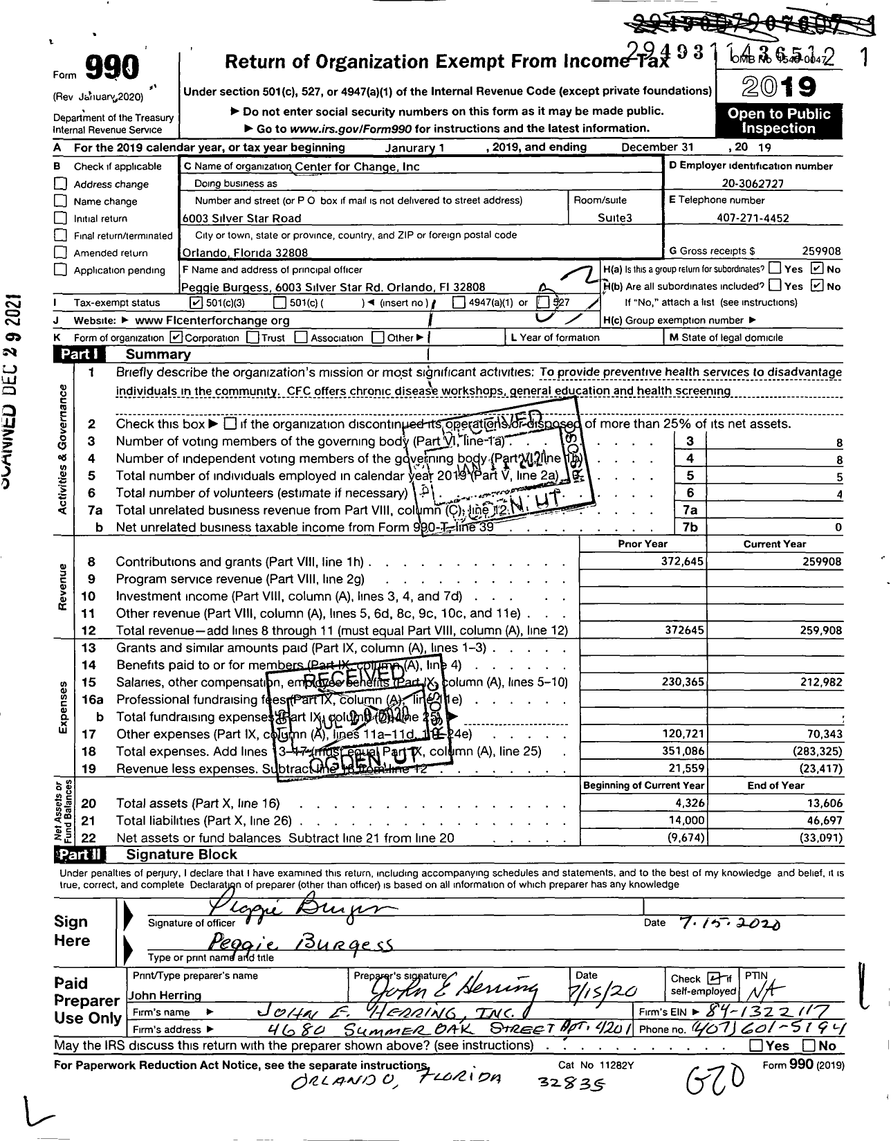 Image of first page of 2019 Form 990 for Center for Change