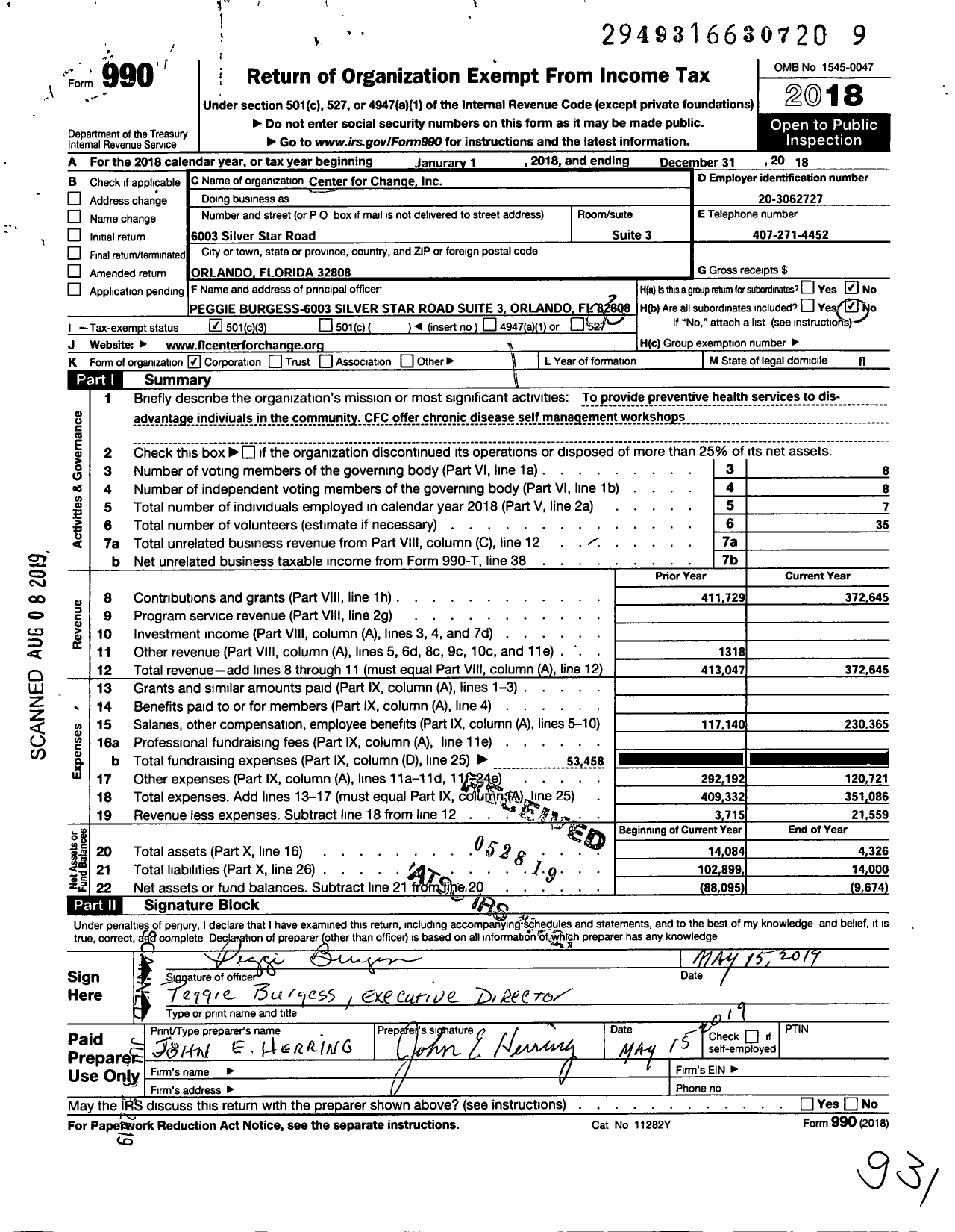 Image of first page of 2018 Form 990 for Center for Change