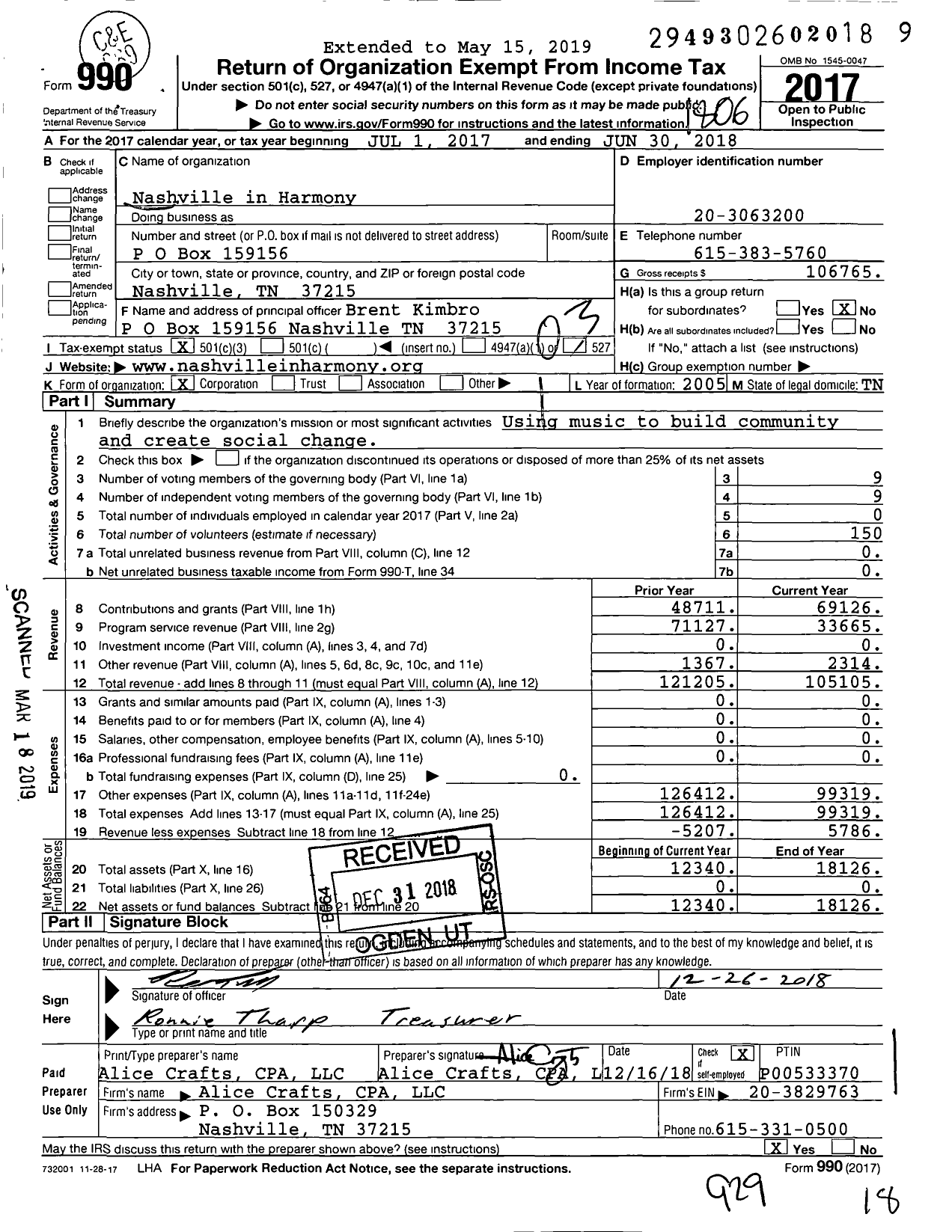 Image of first page of 2017 Form 990 for Nashville in Harmony