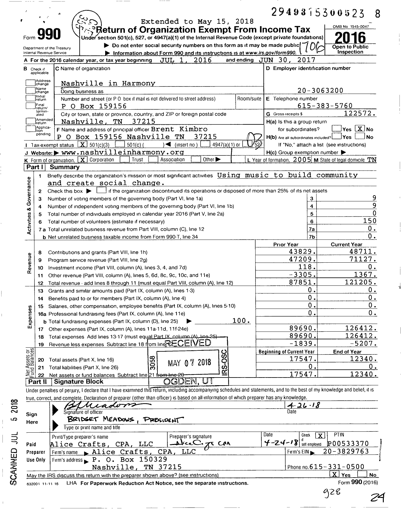 Image of first page of 2016 Form 990 for Nashville in Harmony