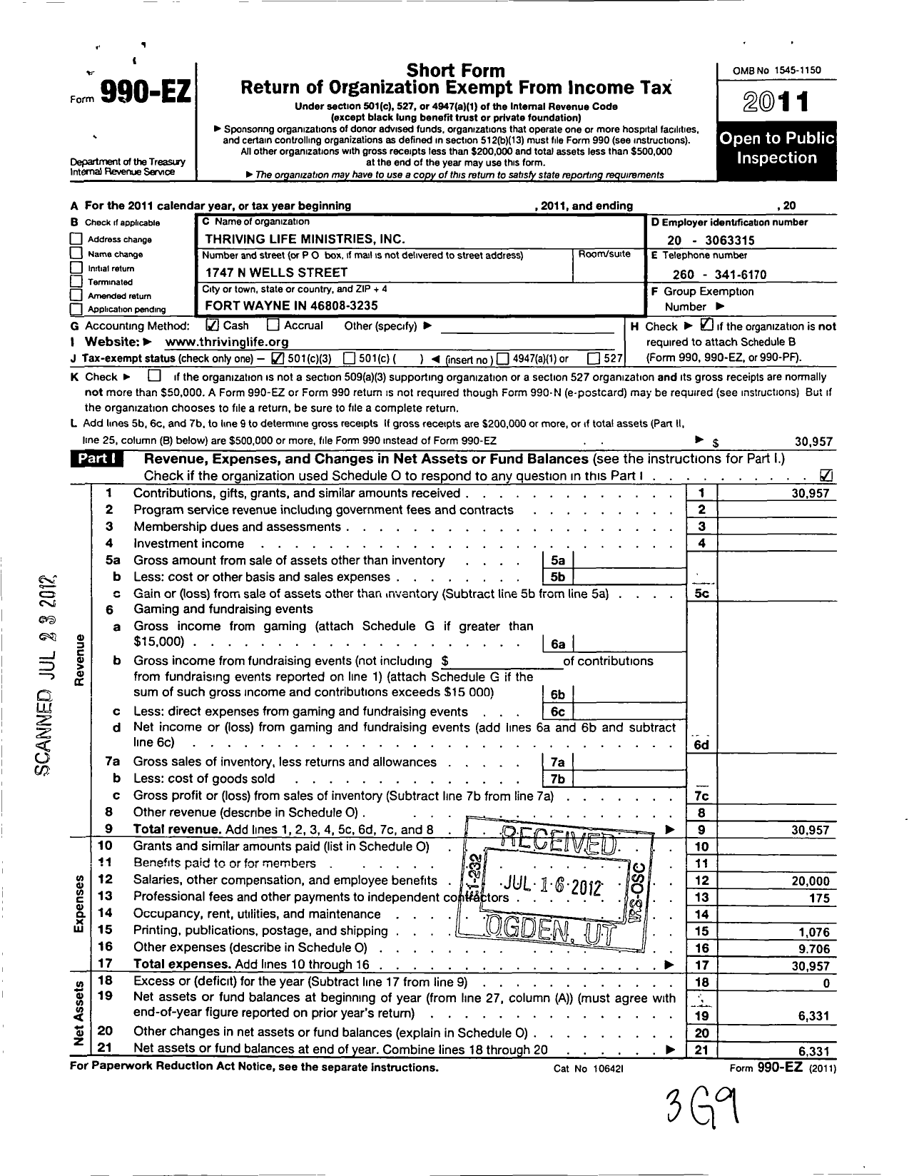 Image of first page of 2011 Form 990EZ for Thriving Life Ministries