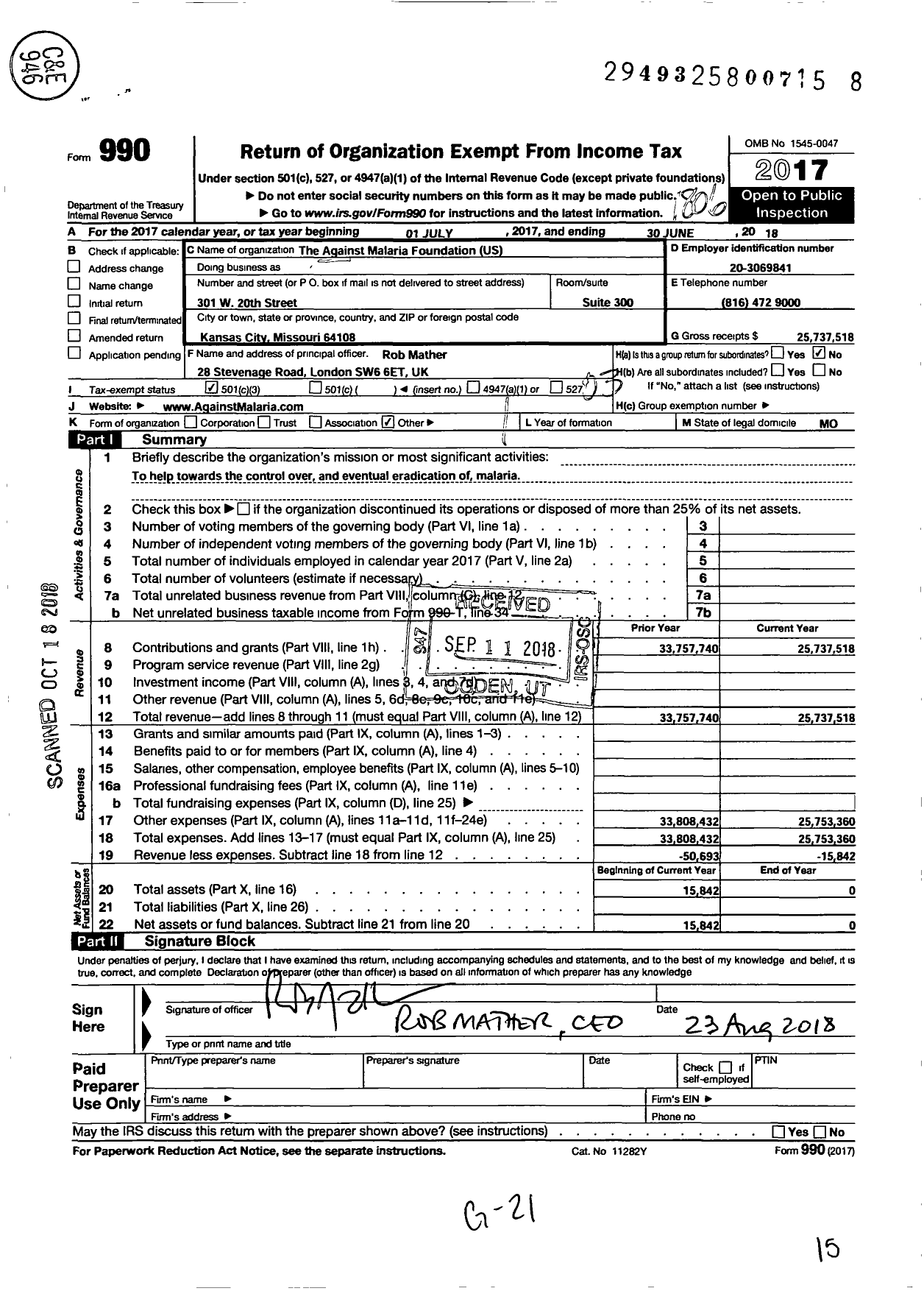 Image of first page of 2017 Form 990 for The Against Malaria Foundation US