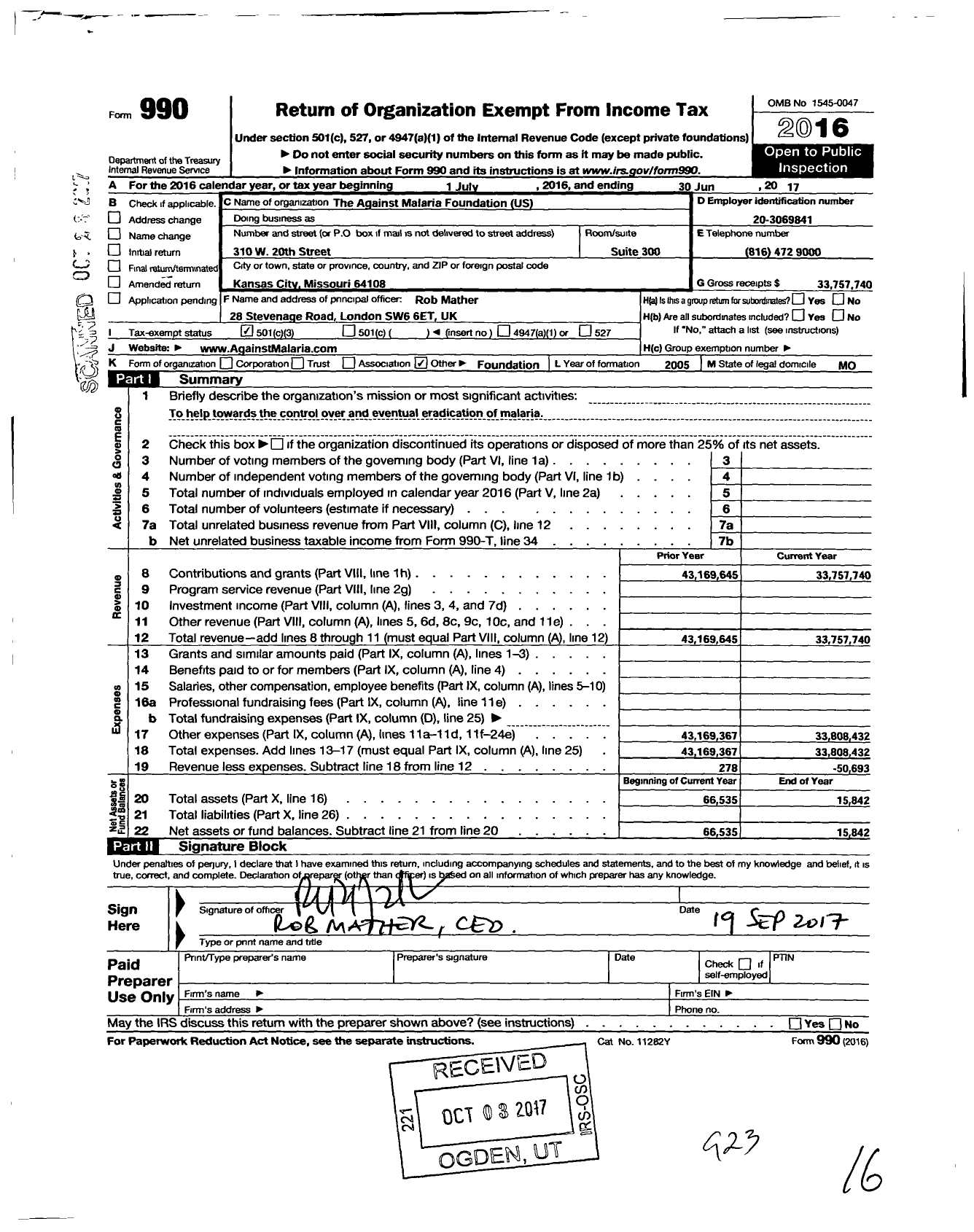 Image of first page of 2016 Form 990 for The Against Malaria Foundation US