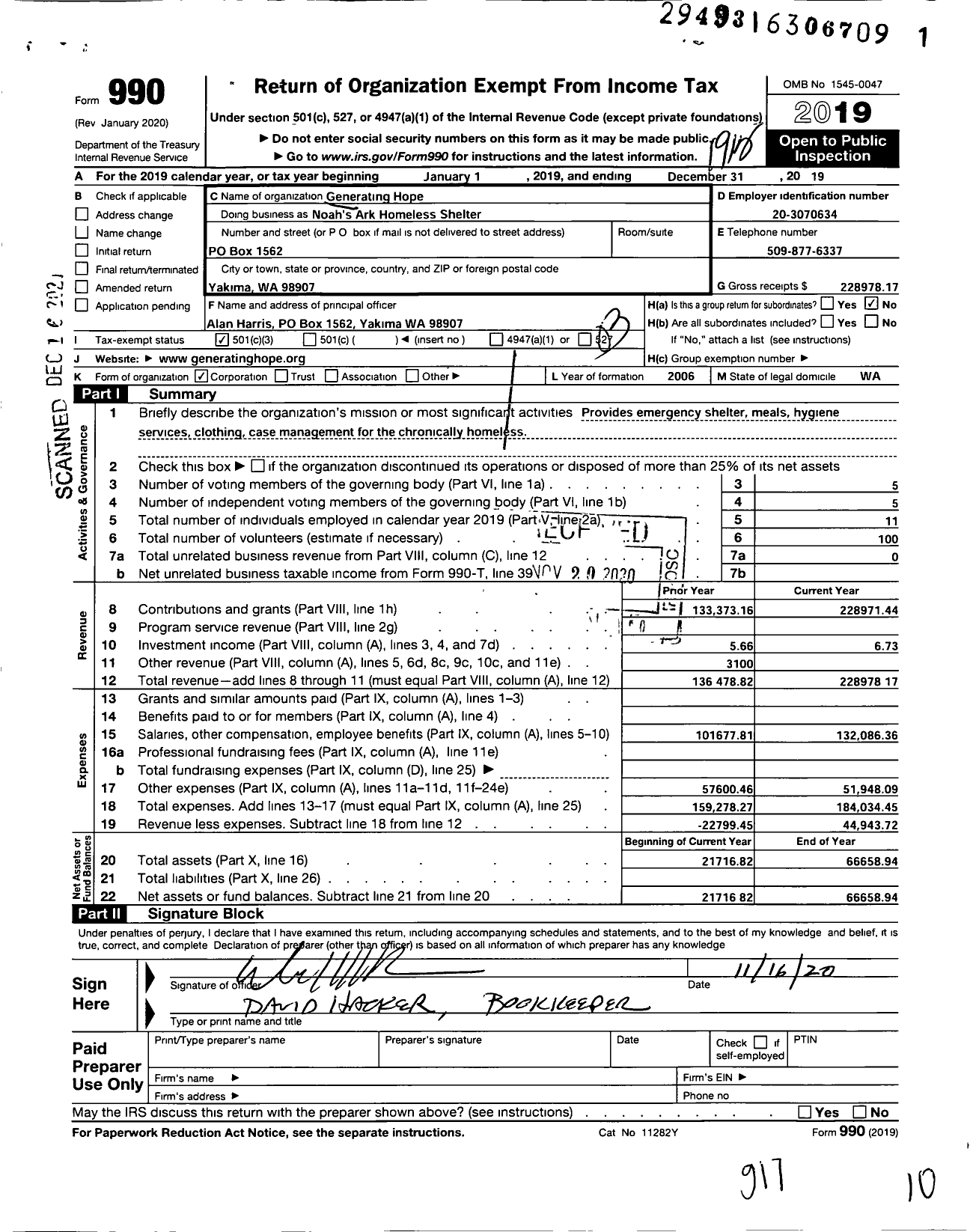 Image of first page of 2019 Form 990 for Noahs Ark / Generating Hope Inc