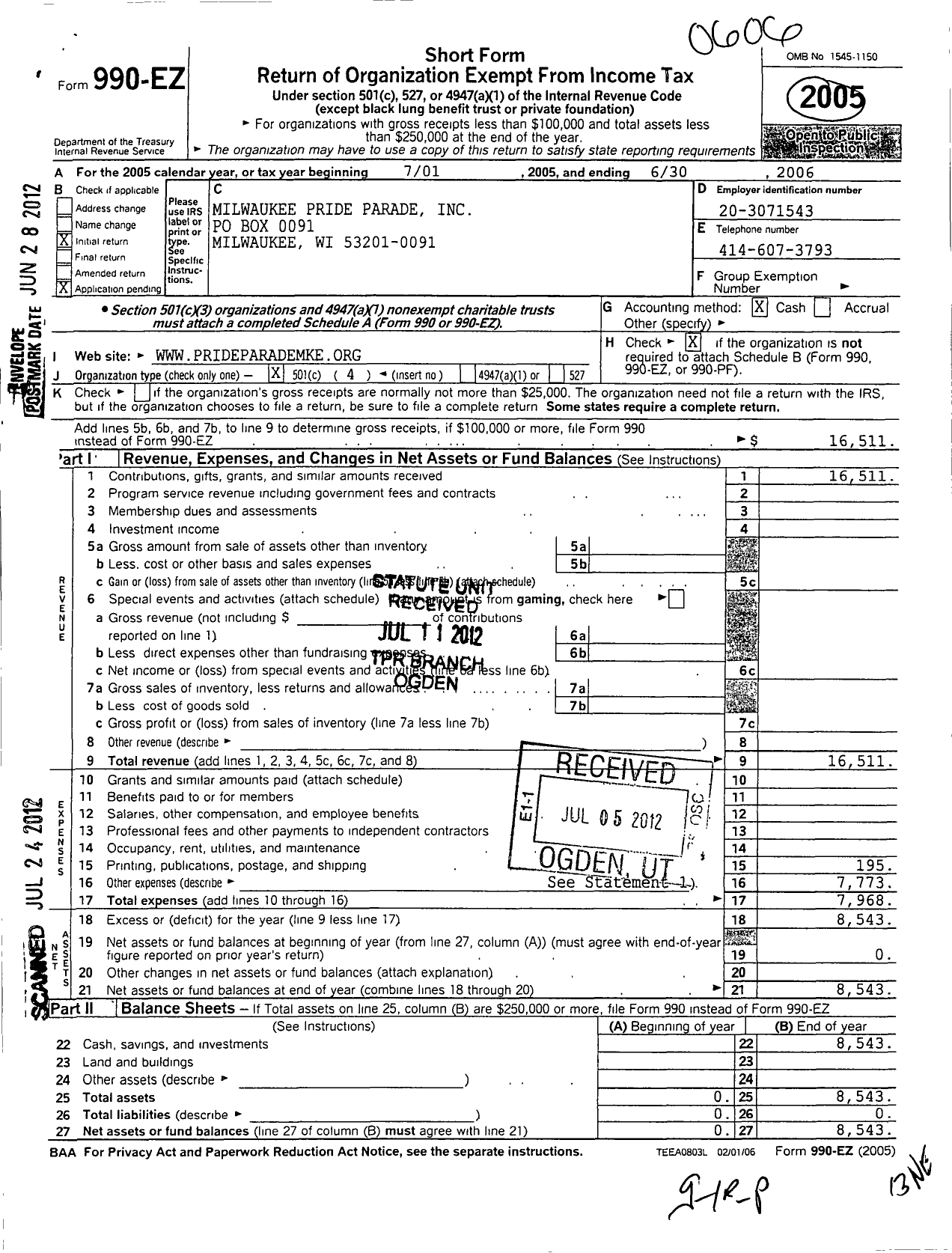 Image of first page of 2005 Form 990EO for Milwaukee Pride Parade