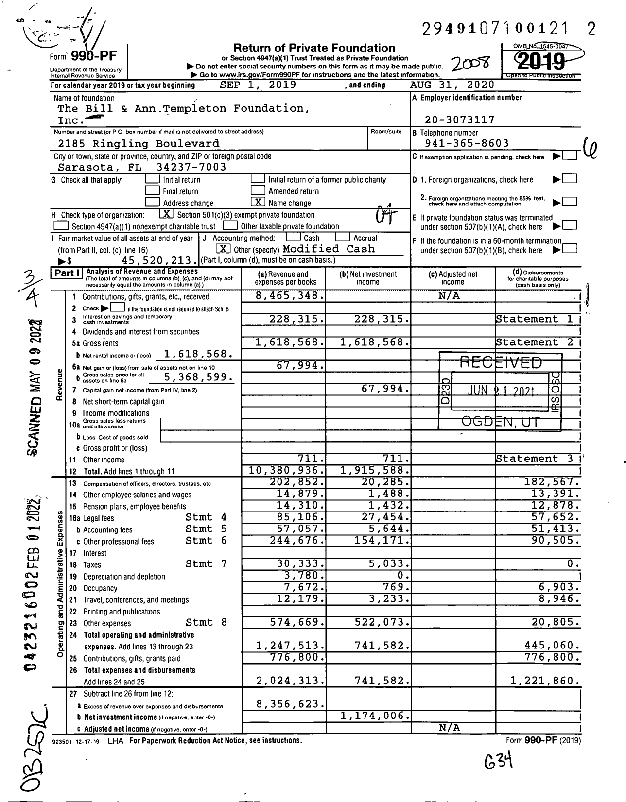 Image of first page of 2019 Form 990PF for The Bill and Ann Templeton Foundation