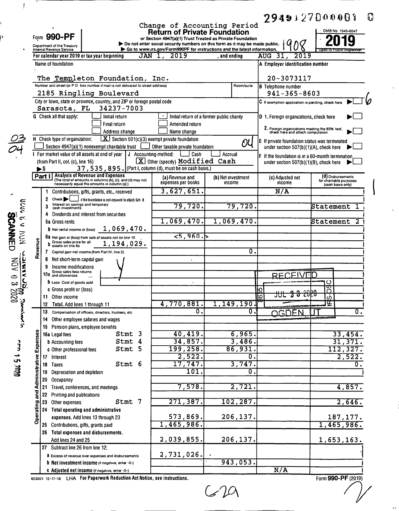 Image of first page of 2018 Form 990PF for The Bill and Ann Templeton Foundation