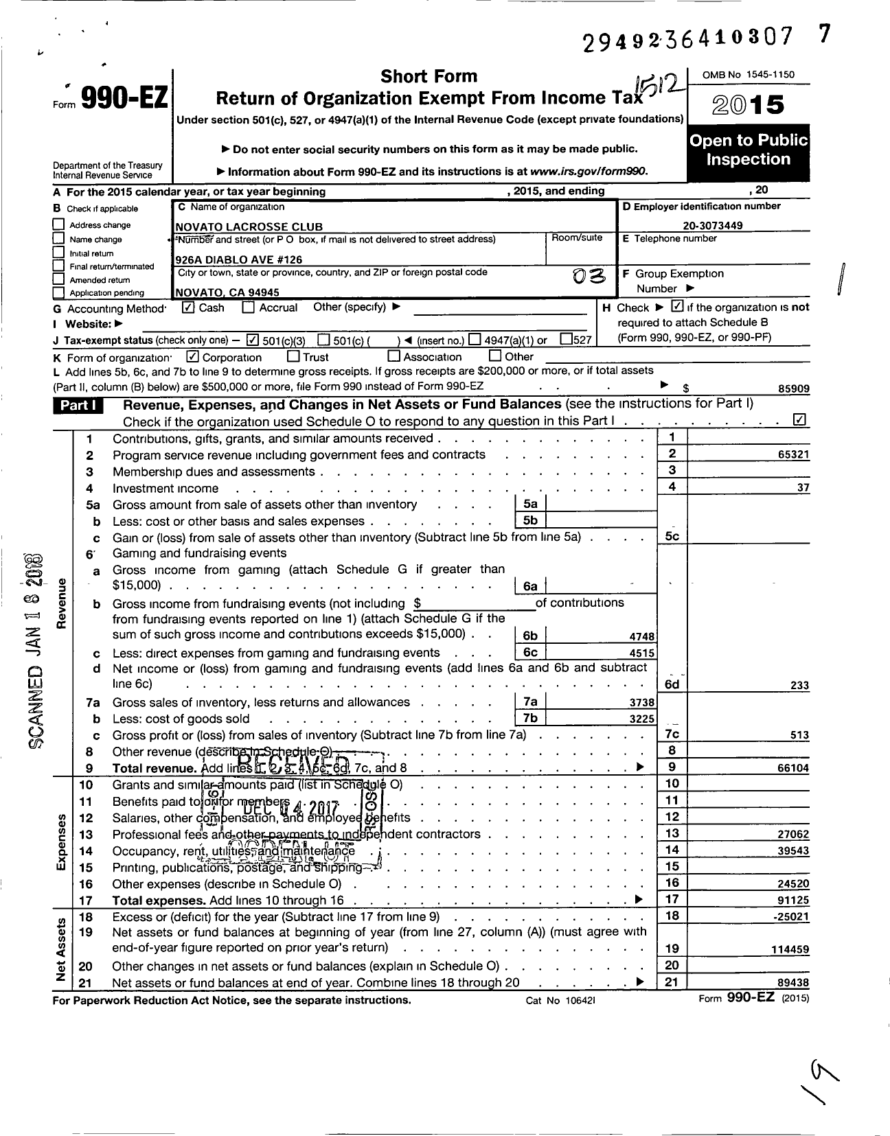 Image of first page of 2015 Form 990EZ for Novato Lacrosse Club