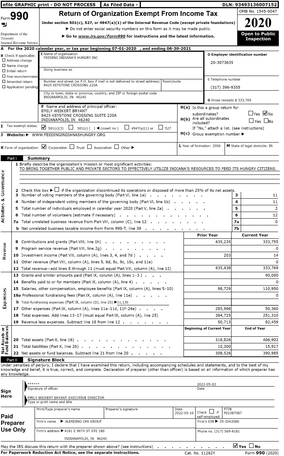 Image of first page of 2020 Form 990 for Feeding Indiana's Hungry