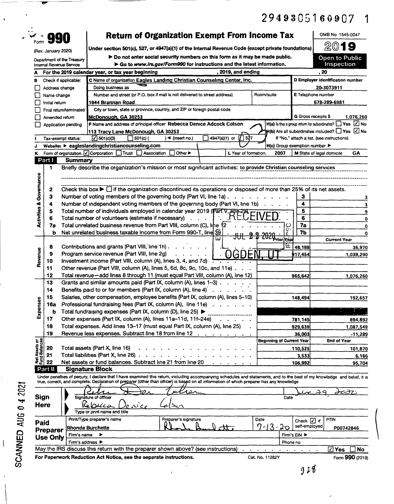 Image of first page of 2019 Form 990 for Eagles Landing Christian Counseling Center
