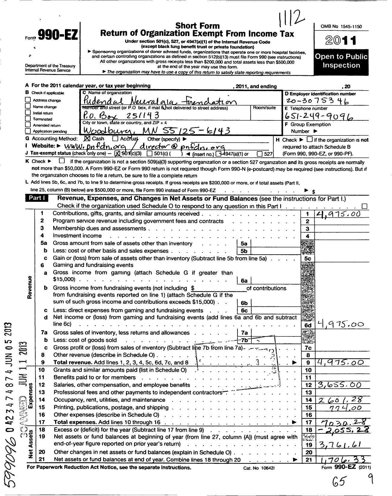 Image of first page of 2011 Form 990EZ for Pudendal Neuralgia Foundation