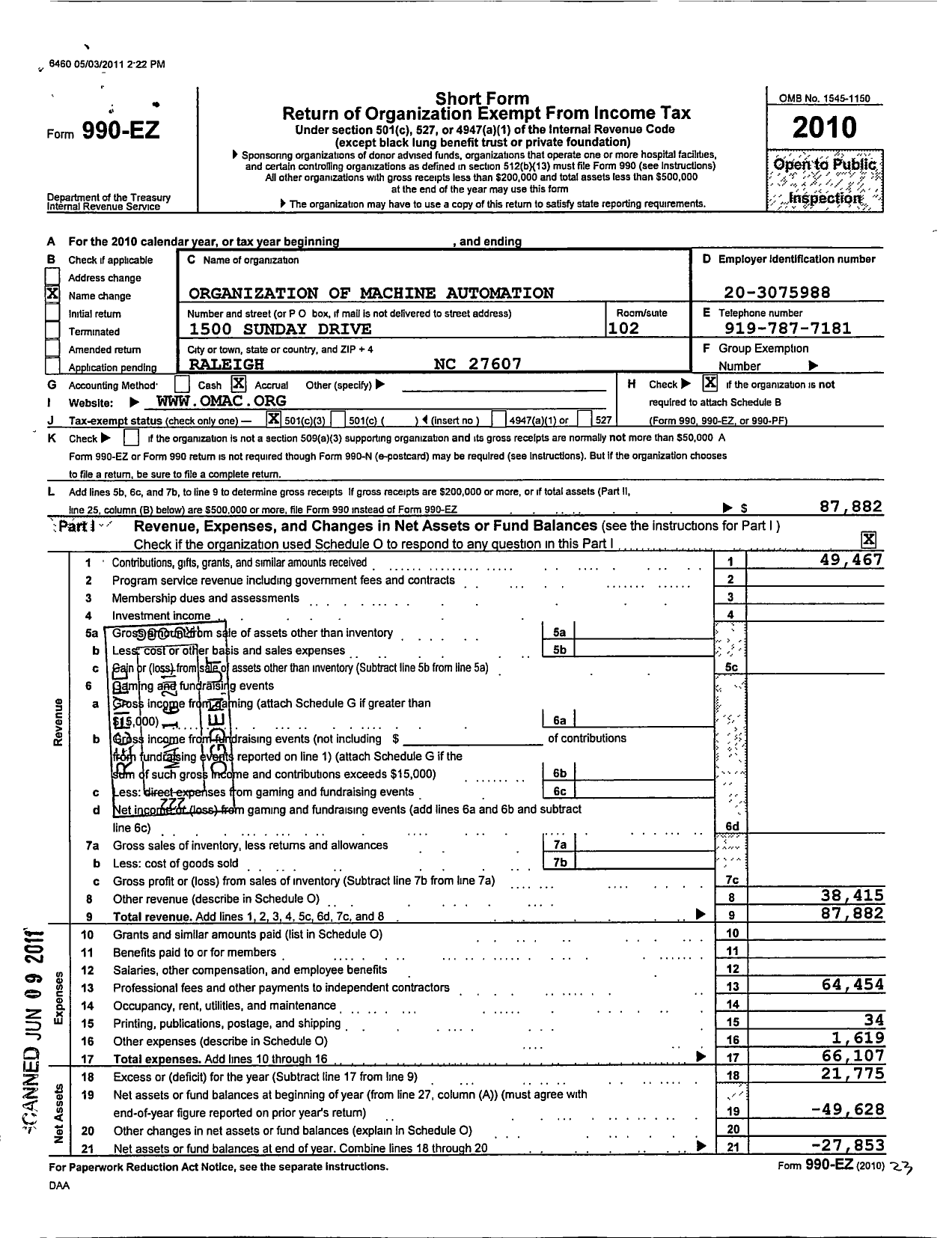 Image of first page of 2010 Form 990EZ for Organization of Machine Automation