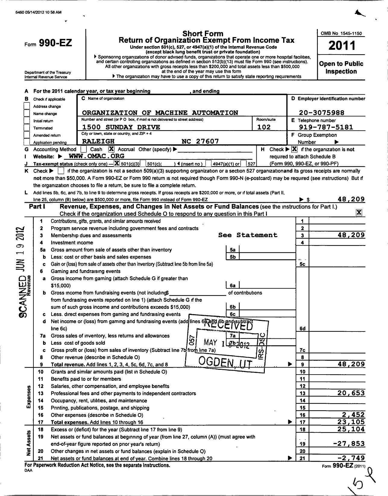 Image of first page of 2011 Form 990EZ for Organization of Machine Automation