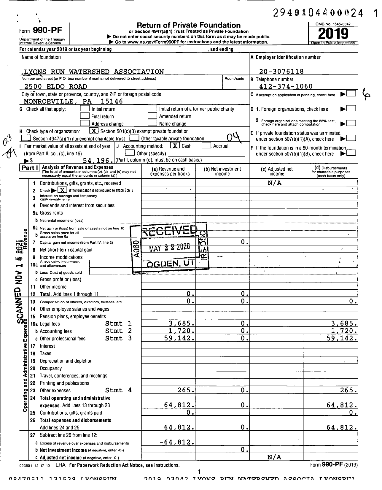 Image of first page of 2019 Form 990PF for Lyons Run Watershed Association