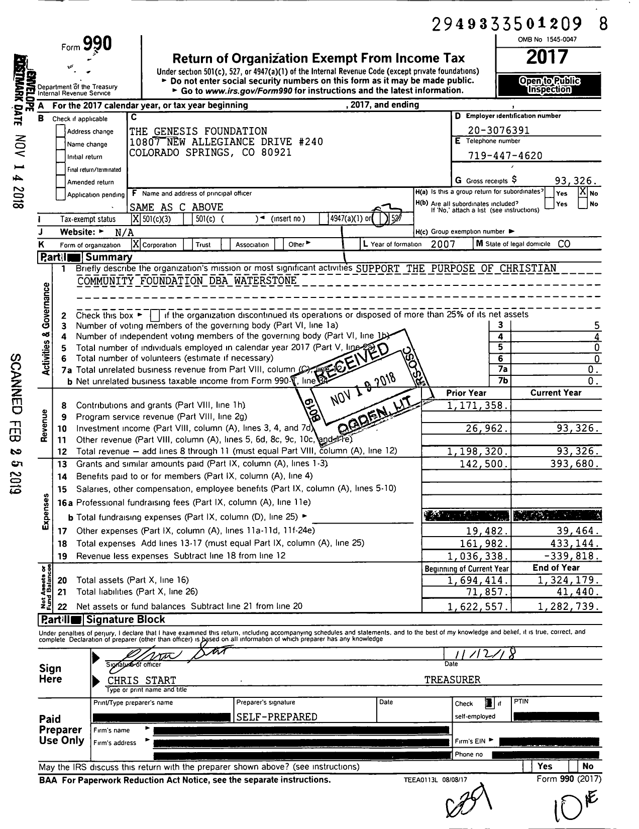 Image of first page of 2017 Form 990 for The Genesis Foundation