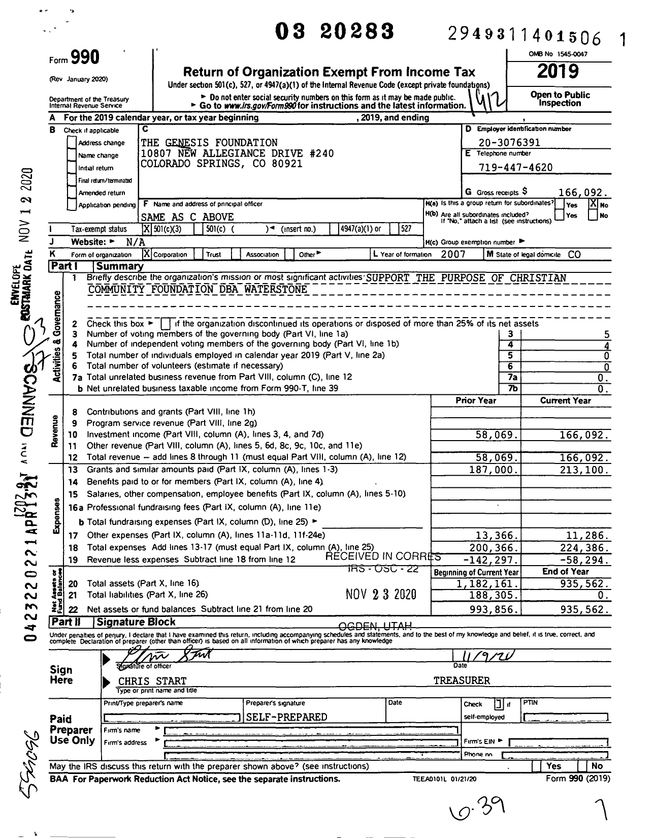 Image of first page of 2019 Form 990 for The Genesis Foundation