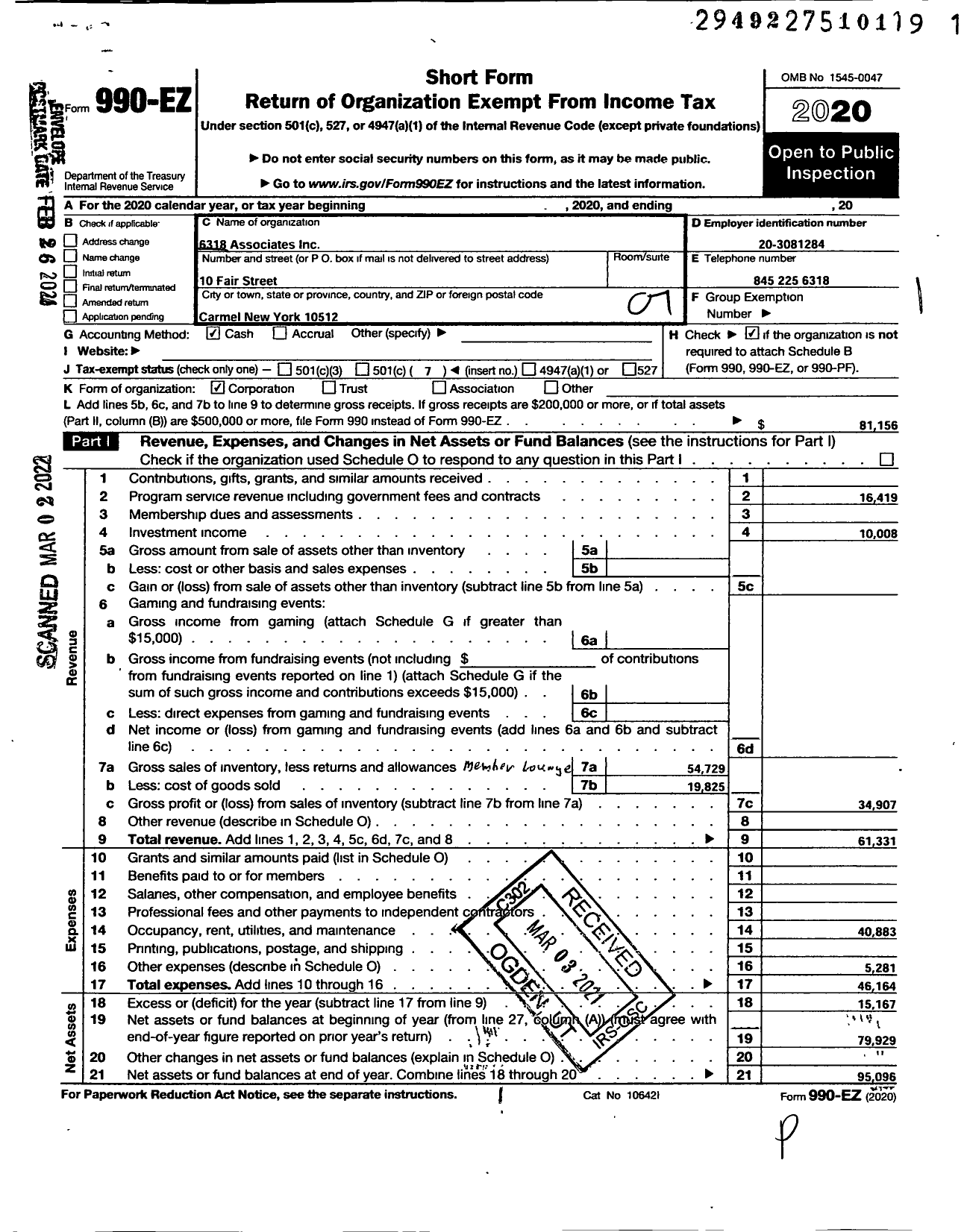 Image of first page of 2020 Form 990EO for 6318 Associates