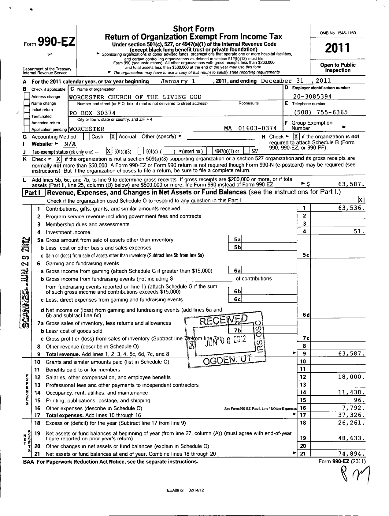 Image of first page of 2011 Form 990EZ for Worcester Church of the Living God