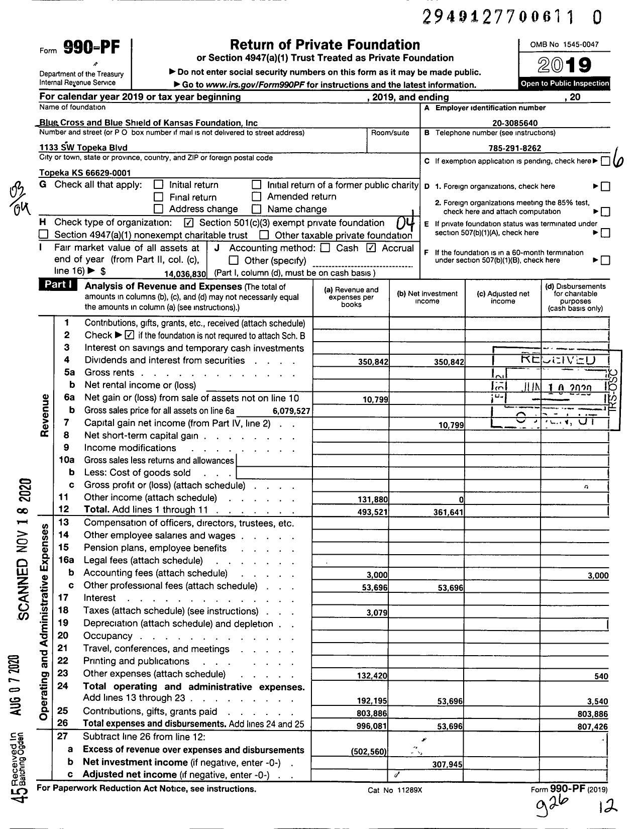 Image of first page of 2019 Form 990PF for Blue Cross and Blue Shield of Kansas Foundation