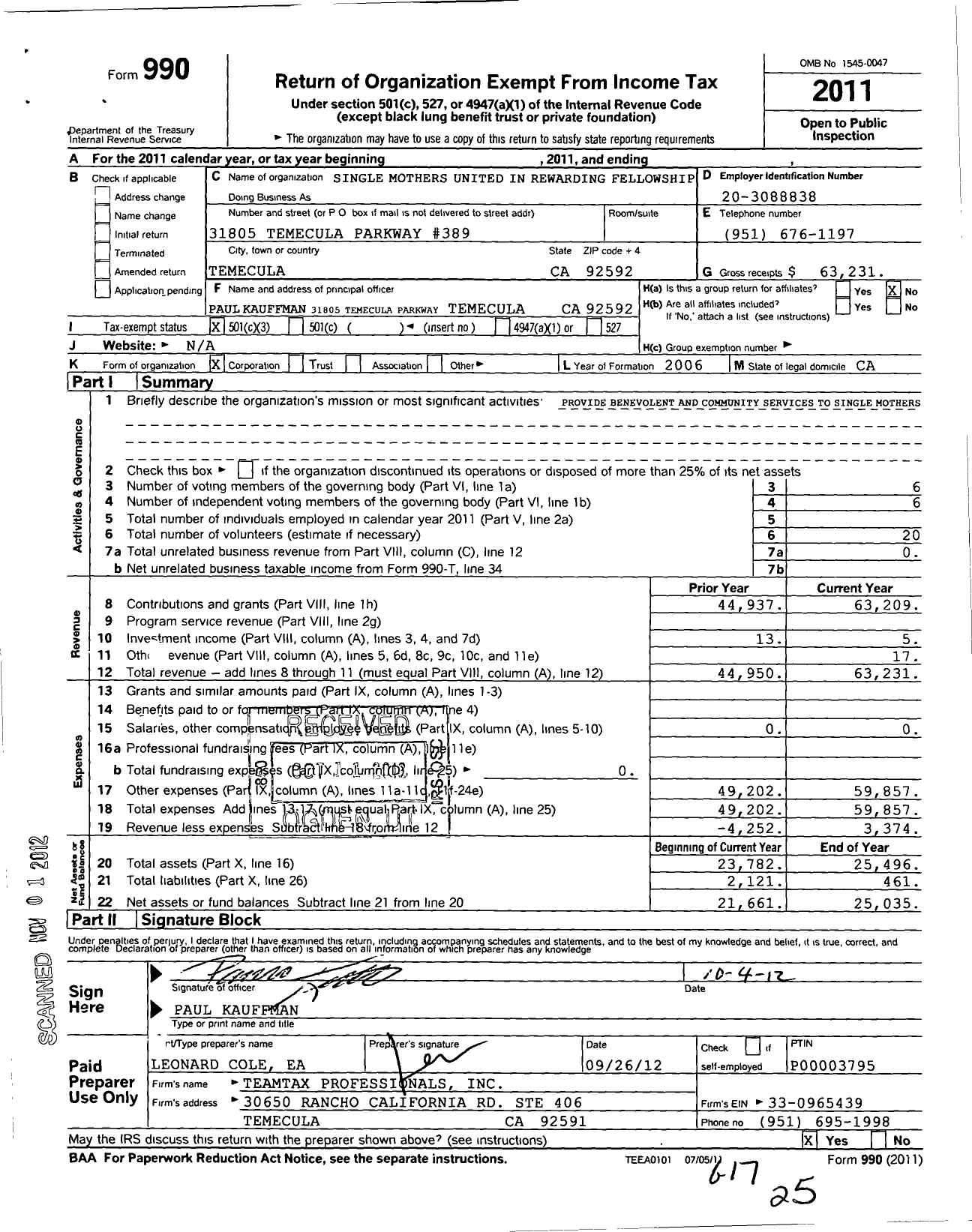 Image of first page of 2011 Form 990 for Single Mothers United in Rewarding Fellowship (SMURF)