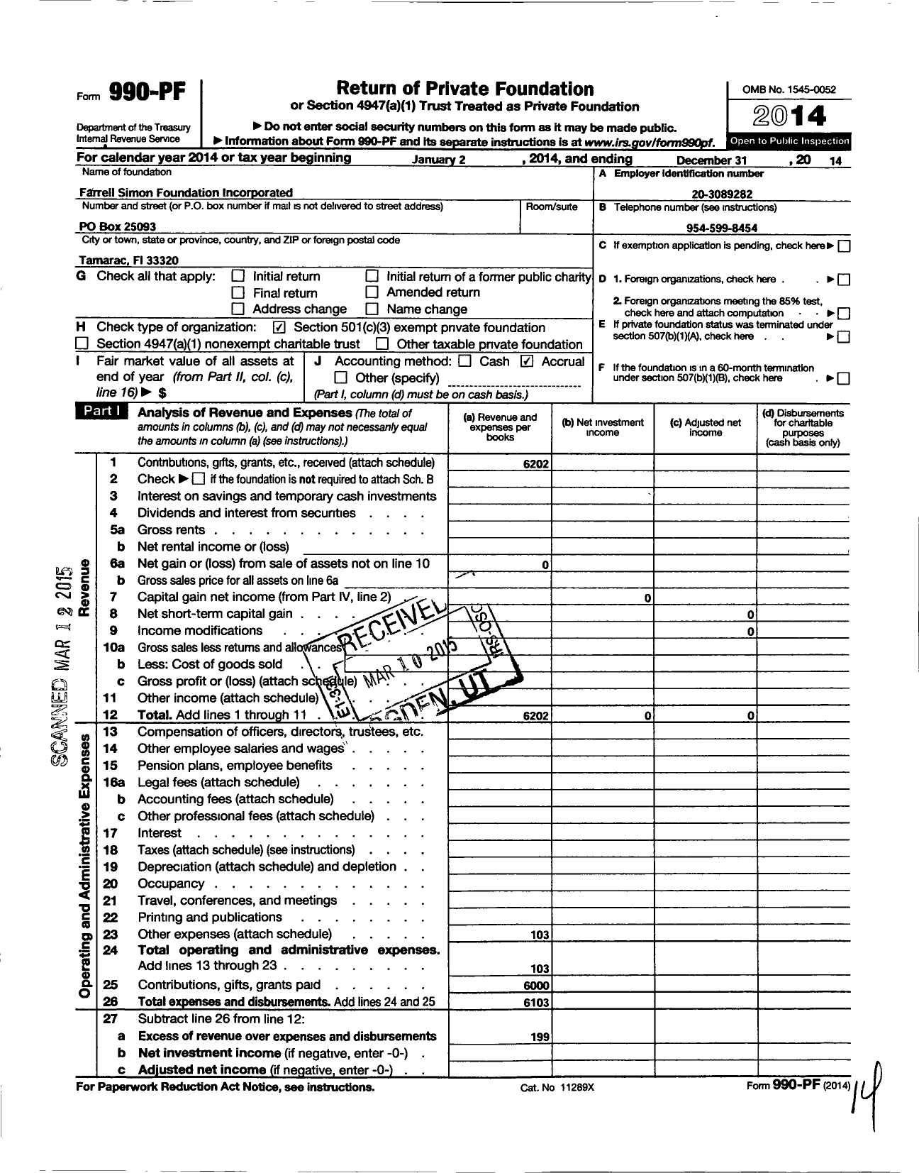 Image of first page of 2014 Form 990PF for Simon Cancer Foundation Incorporated