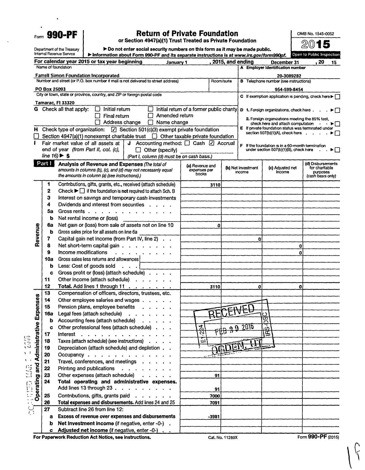 Image of first page of 2015 Form 990PF for Simon Cancer Foundation Incorporated