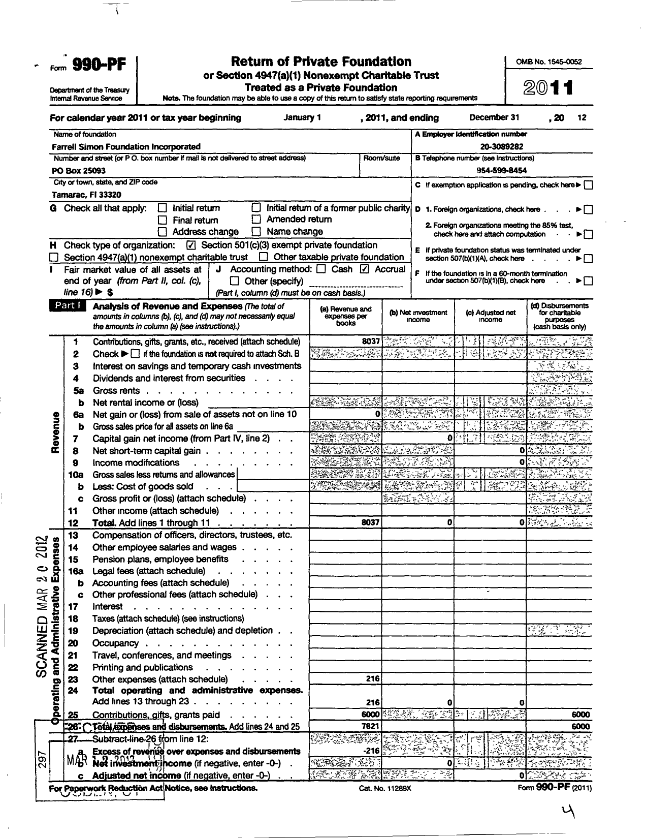 Image of first page of 2012 Form 990PF for Simon Cancer Foundation Incorporated