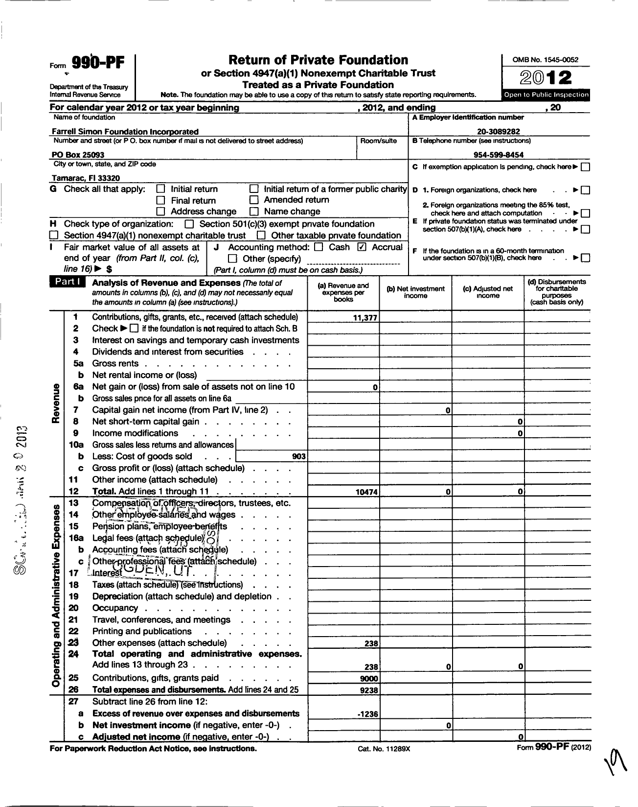 Image of first page of 2012 Form 990PF for Simon Cancer Foundation Incorporated