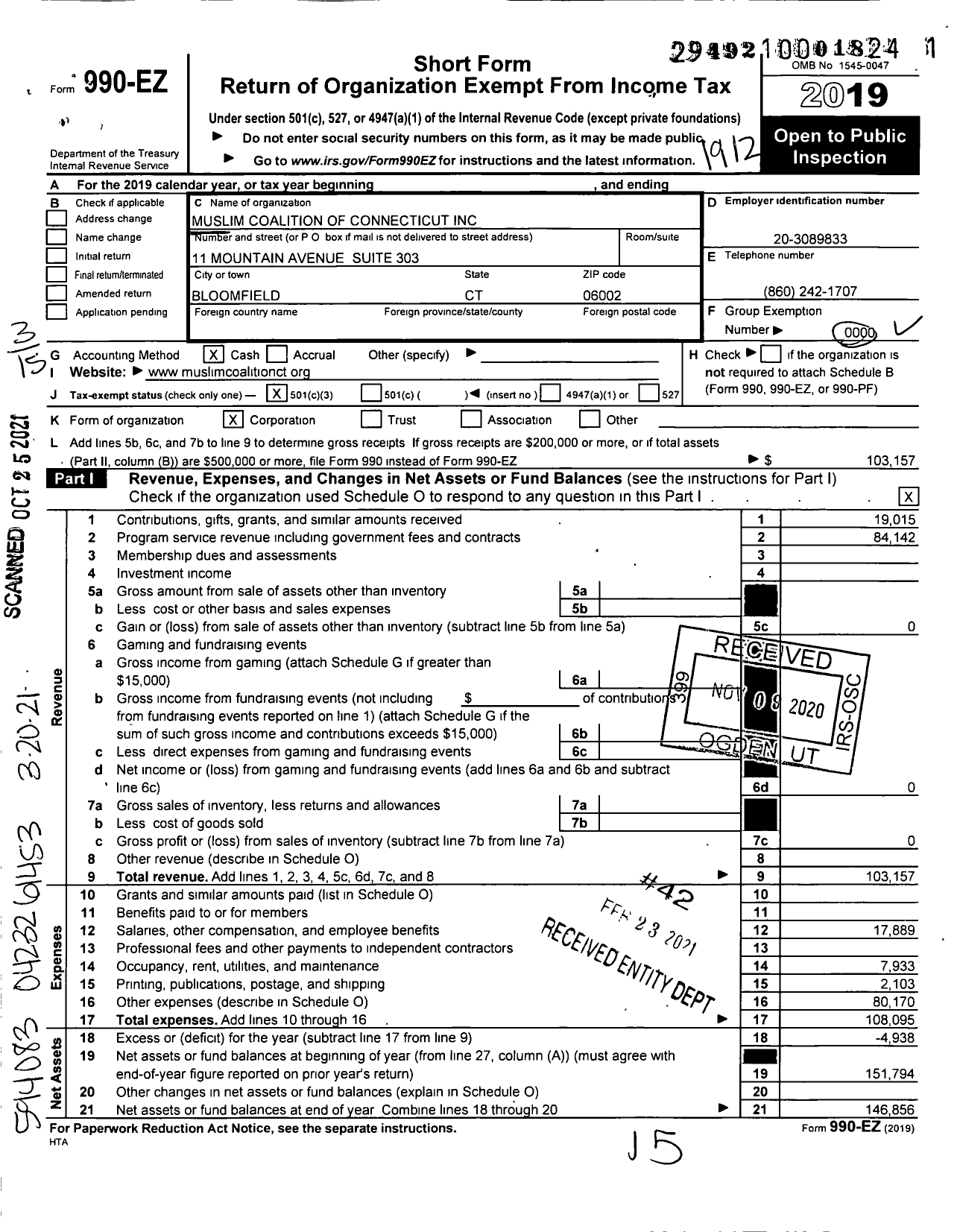 Image of first page of 2019 Form 990EZ for Muslim Coalition of Connecticut