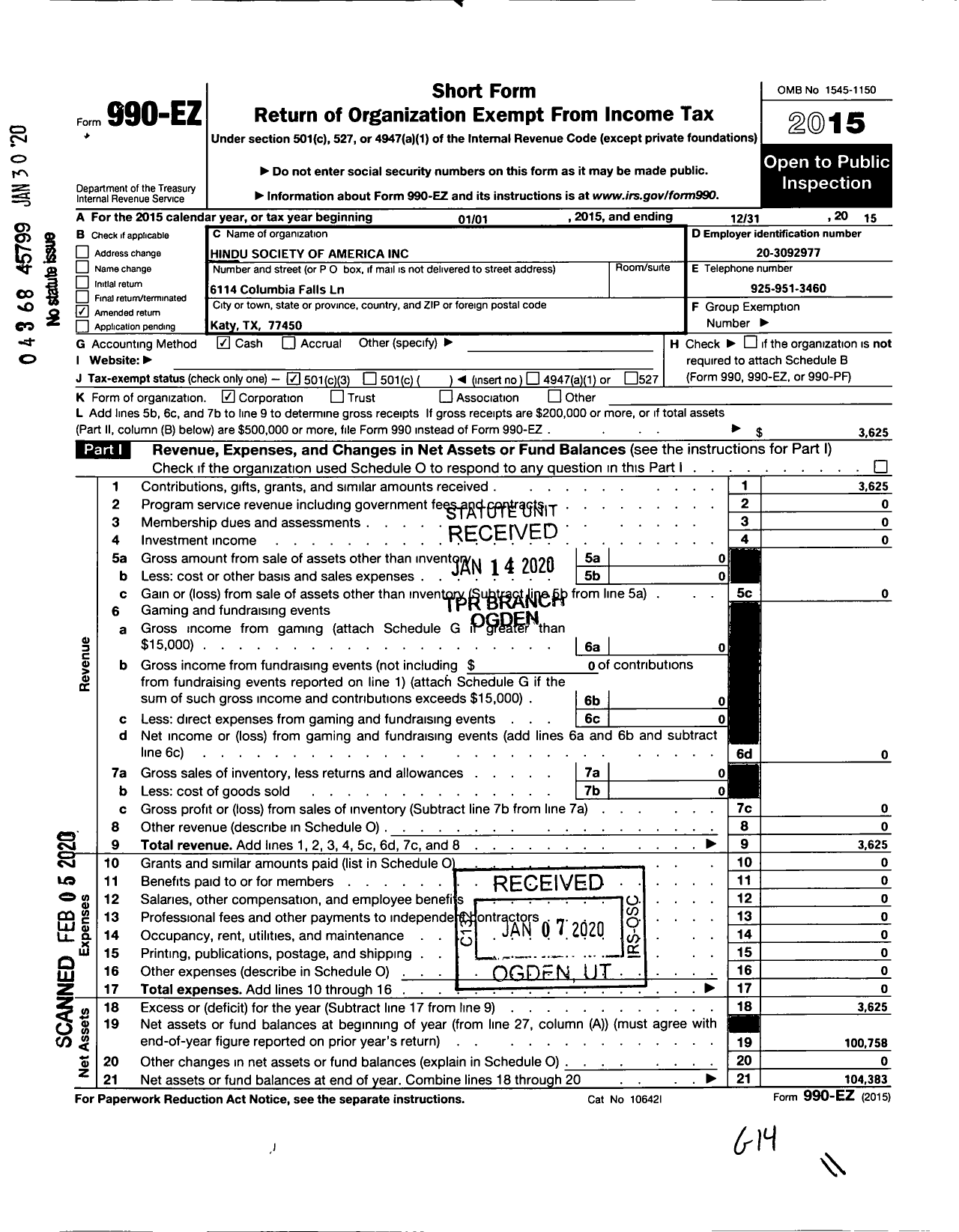 Image of first page of 2015 Form 990EA for Hindu Society of America