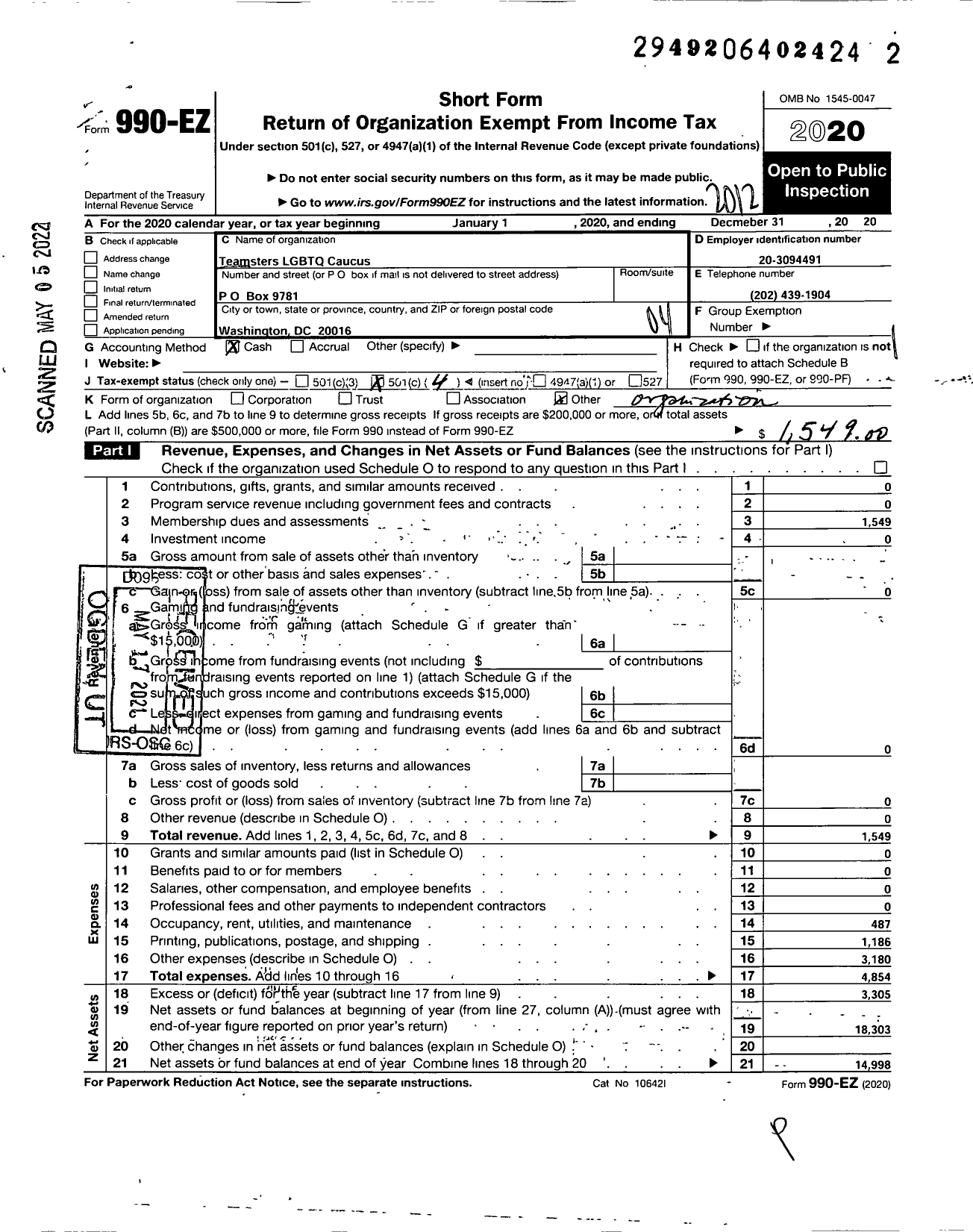 Image of first page of 2020 Form 990EO for Teamsters LGBTQ Caucus