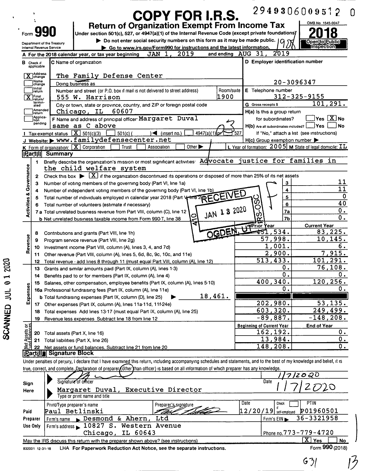 Image of first page of 2018 Form 990 for The Family Defense Center