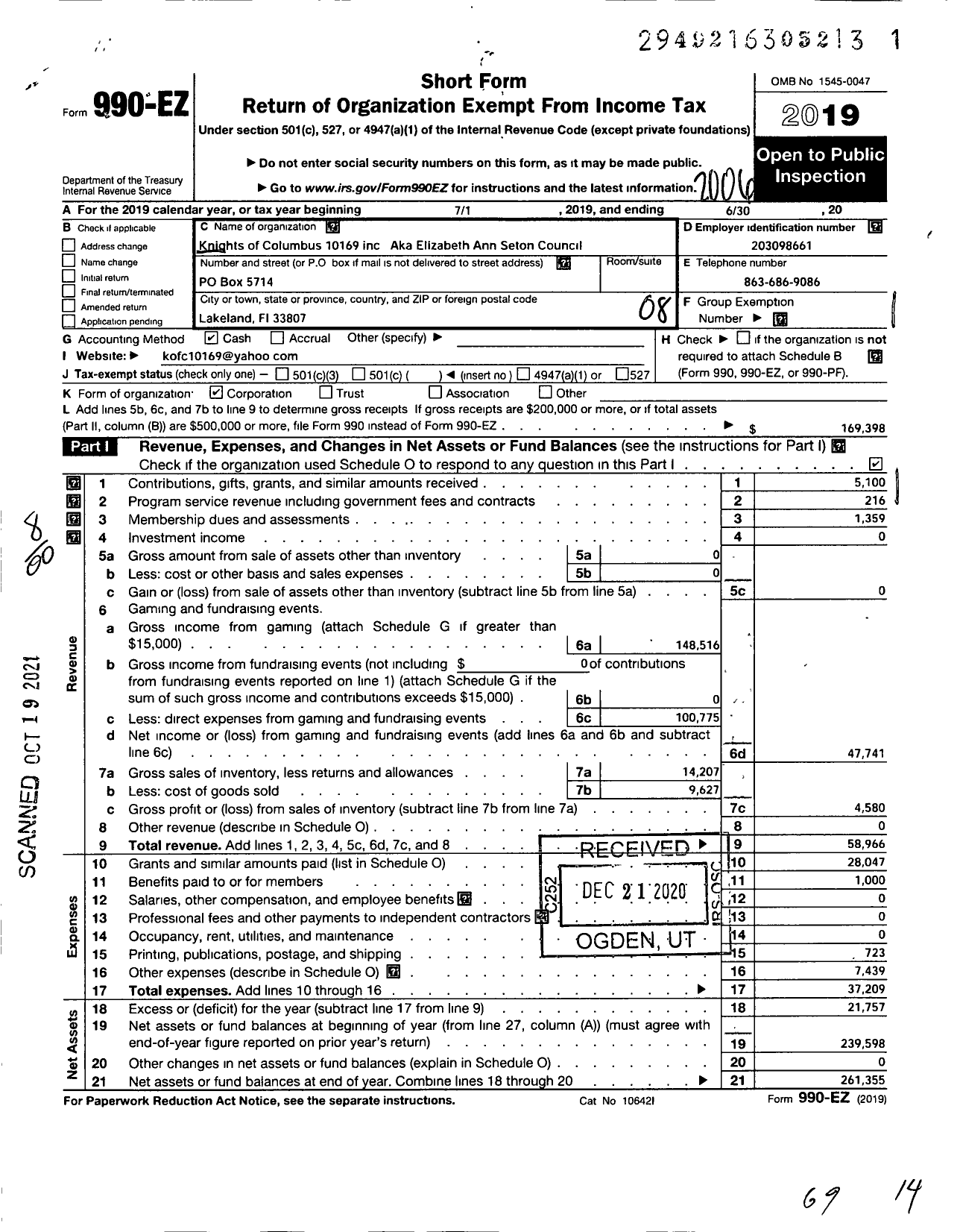 Image of first page of 2019 Form 990EO for KNIGHTS OF COLUMBUS - Elizabeth Ann Seton Council