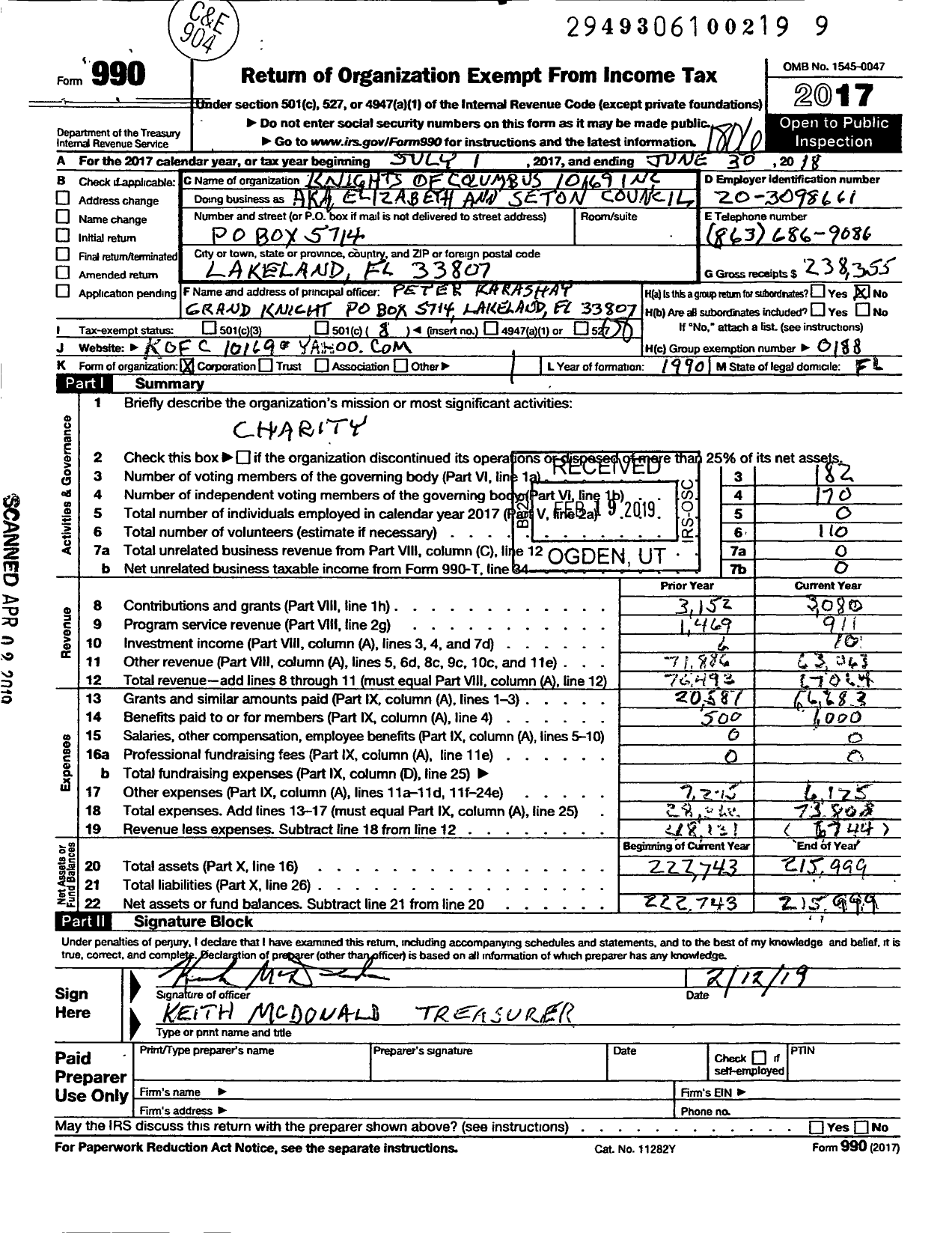 Image of first page of 2017 Form 990O for KNIGHTS OF COLUMBUS - Elizabeth Ann Seton Council