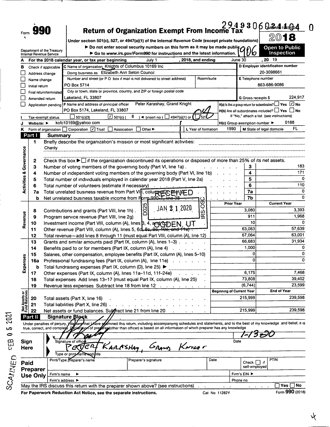 Image of first page of 2018 Form 990O for KNIGHTS OF COLUMBUS - Elizabeth Ann Seton Council