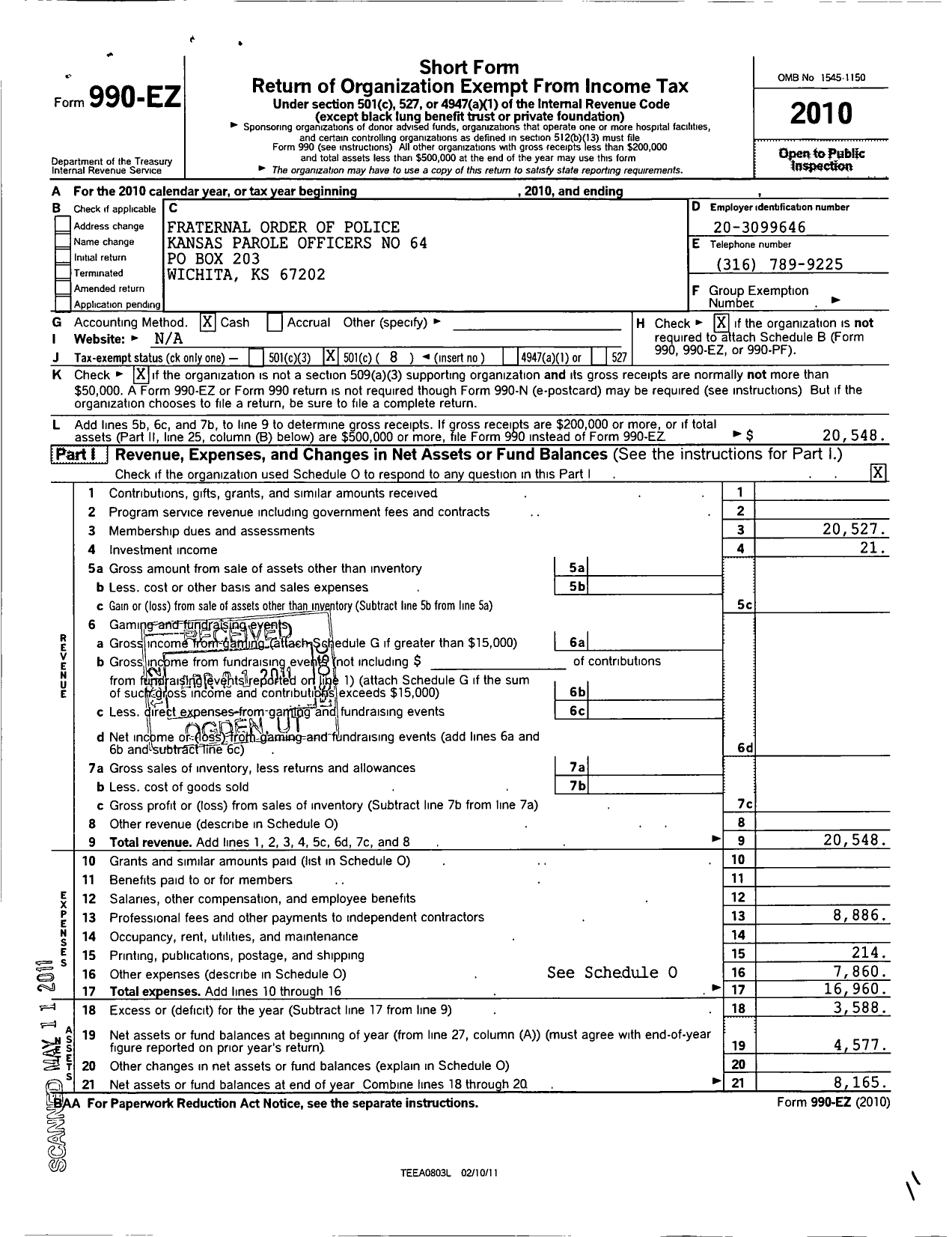 Image of first page of 2010 Form 990EO for Fraternal Order of Police - 64 Kansas Parole Officers