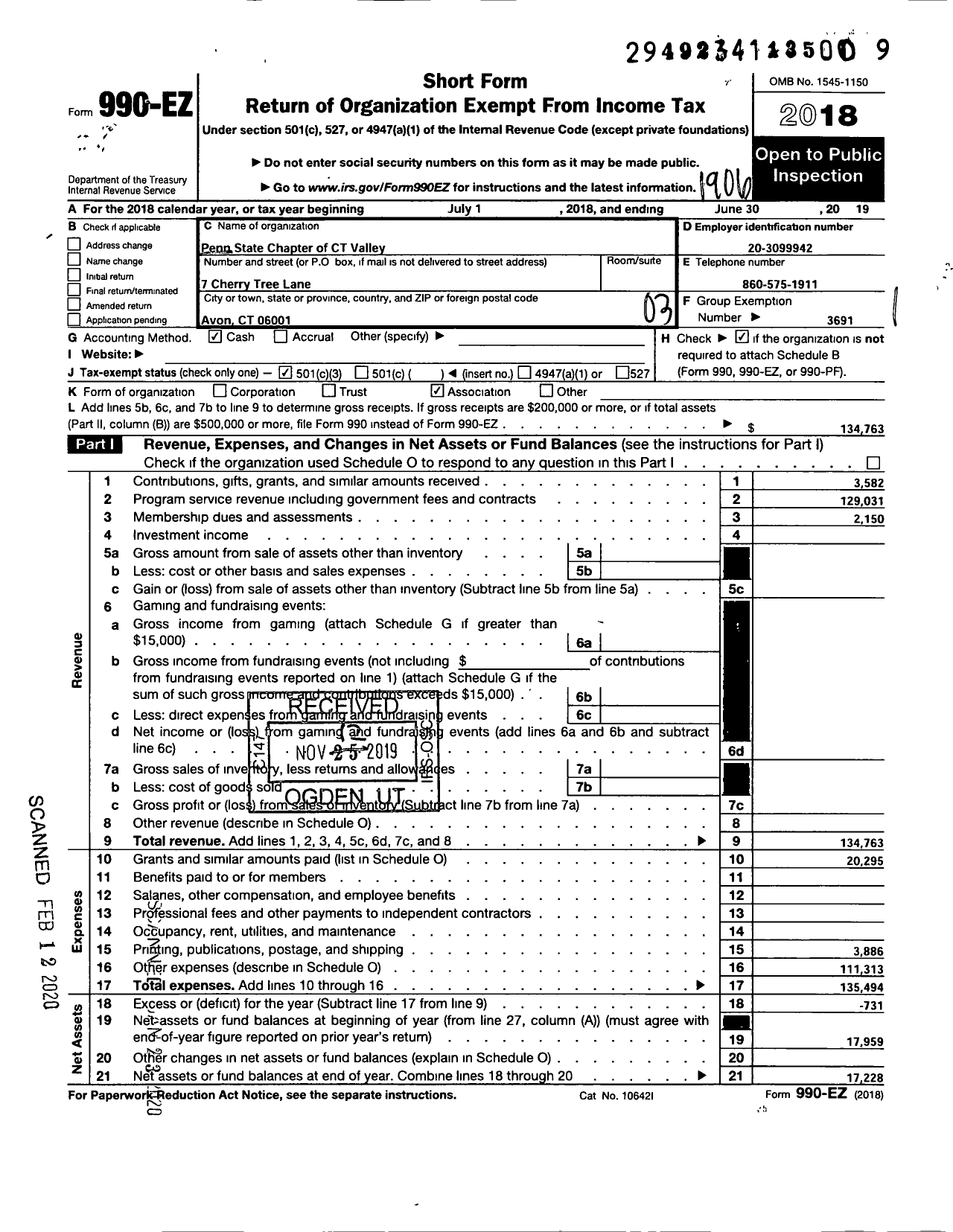 Image of first page of 2018 Form 990EZ for Penn State Alumni Association / Connecticut Valley Chapter