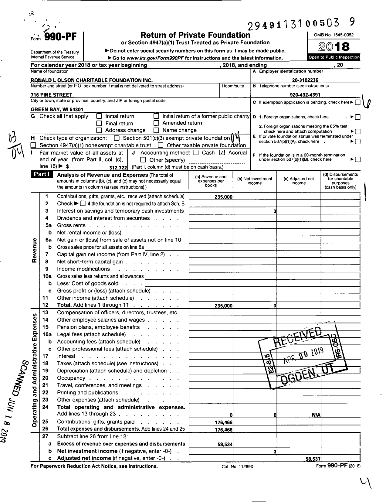 Image of first page of 2018 Form 990PF for Ronald L Olson Charitable Foundation