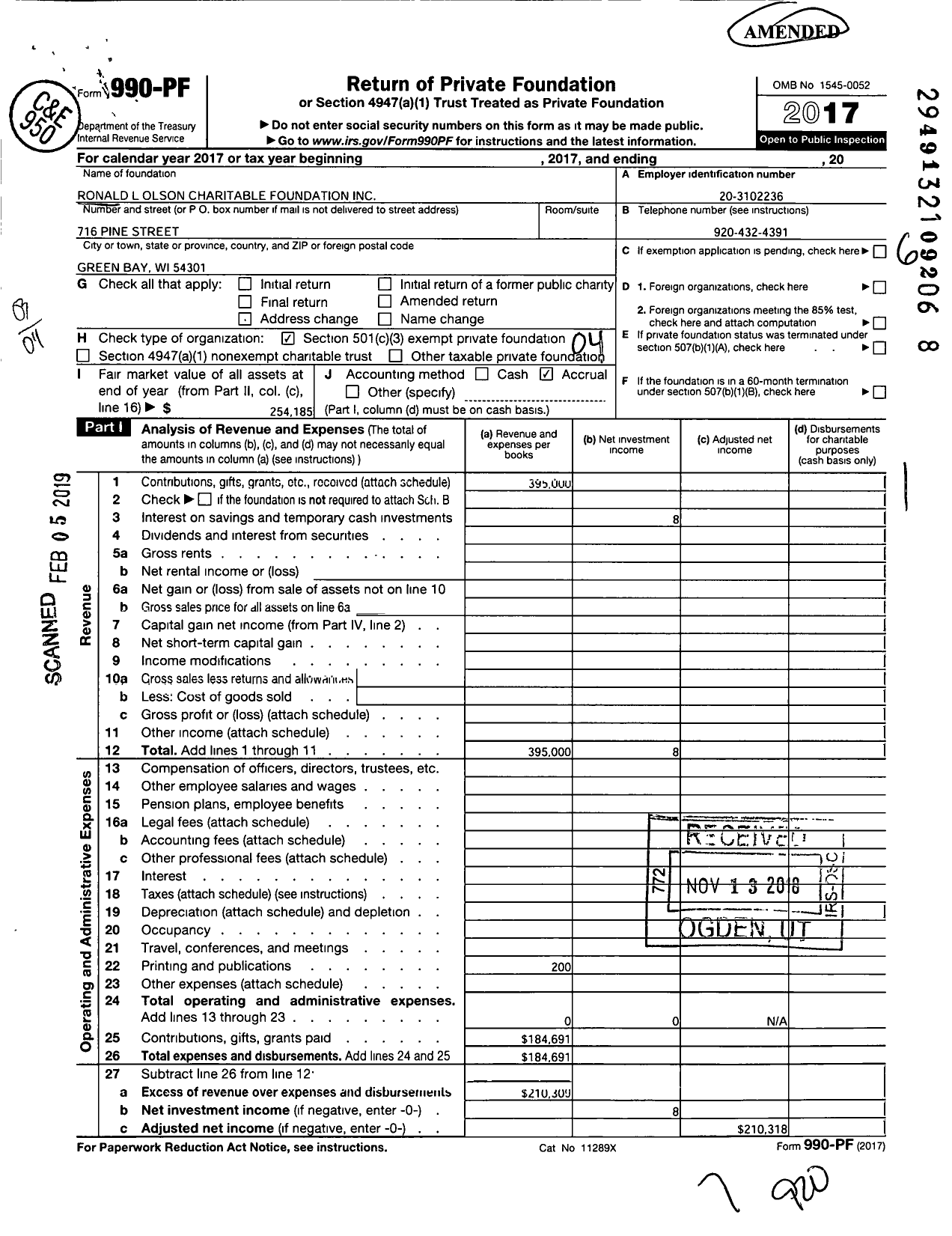 Image of first page of 2017 Form 990PF for Ronald L Olson Charitable Foundation