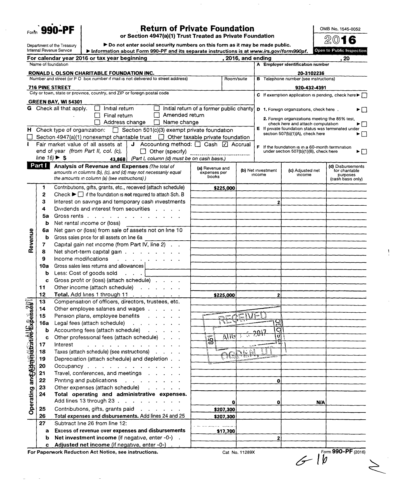 Image of first page of 2016 Form 990PF for Ronald L Olson Charitable Foundation