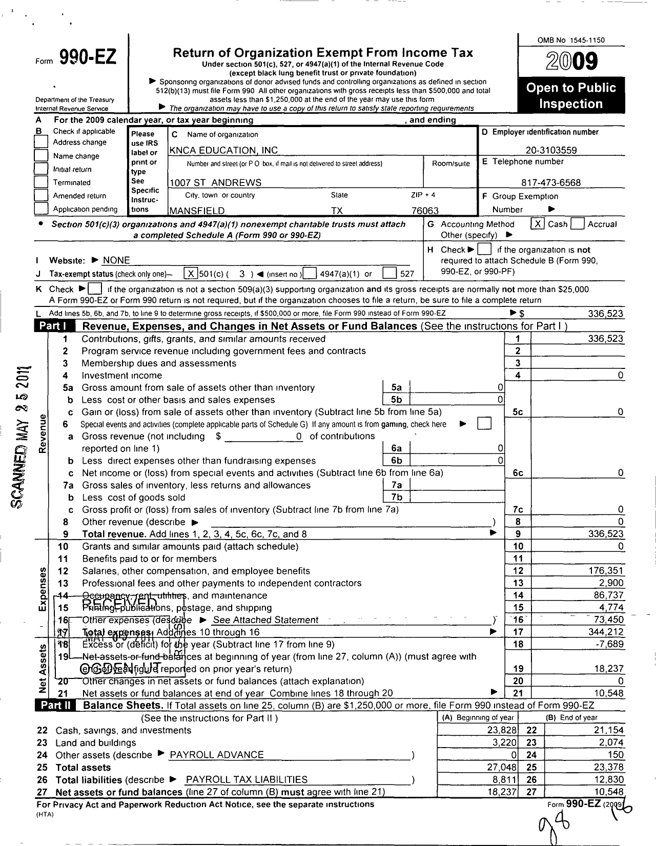 Image of first page of 2009 Form 990EZ for Knca Education