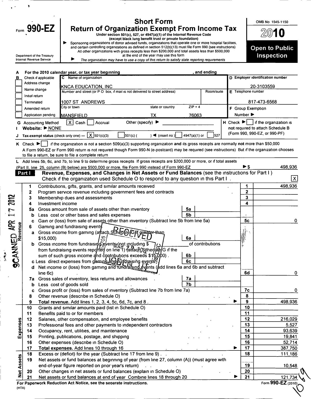 Image of first page of 2010 Form 990EZ for Knca Education