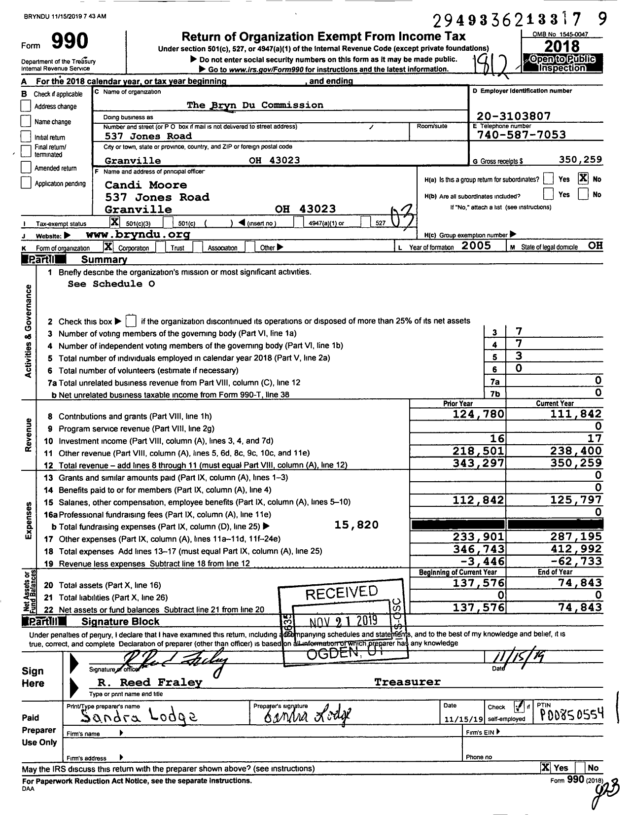 Image of first page of 2018 Form 990 for The Bryn Du Commission