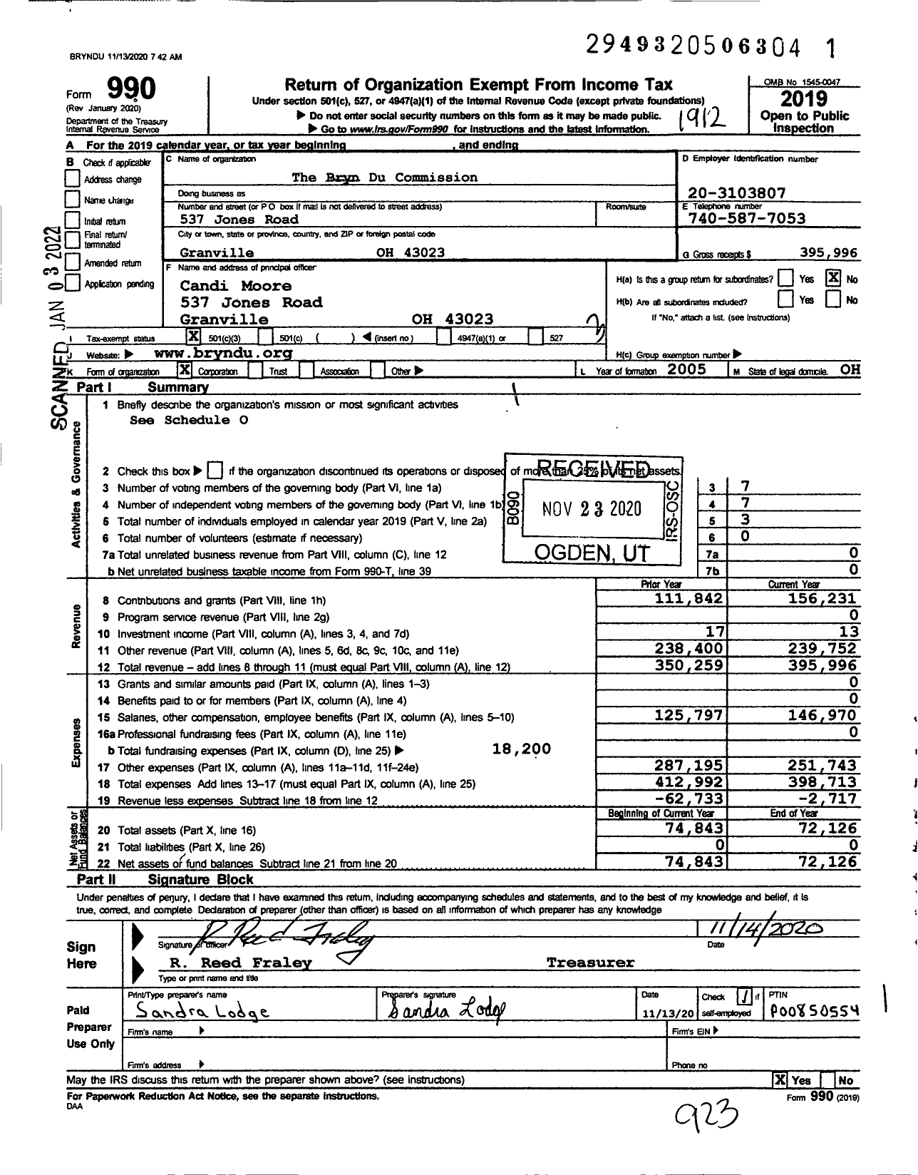 Image of first page of 2019 Form 990 for The Bryn Du Commission